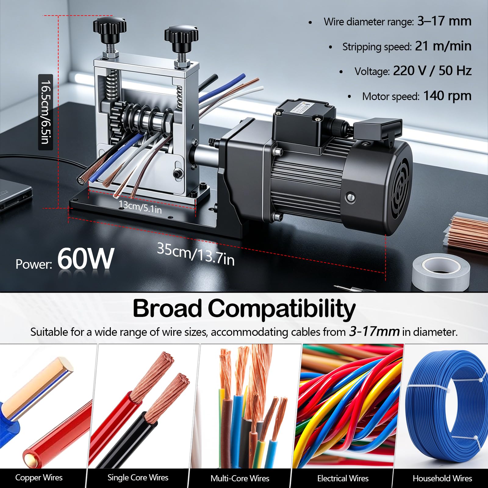 Peladora de Cables Eléctrica, Máquina Pelacables Automático 60W con 6 Agujeros para Cable de Cobre de 3-17mm Herramienta de Pelado para Reciclaje de Chatarra Pelacables Profesional