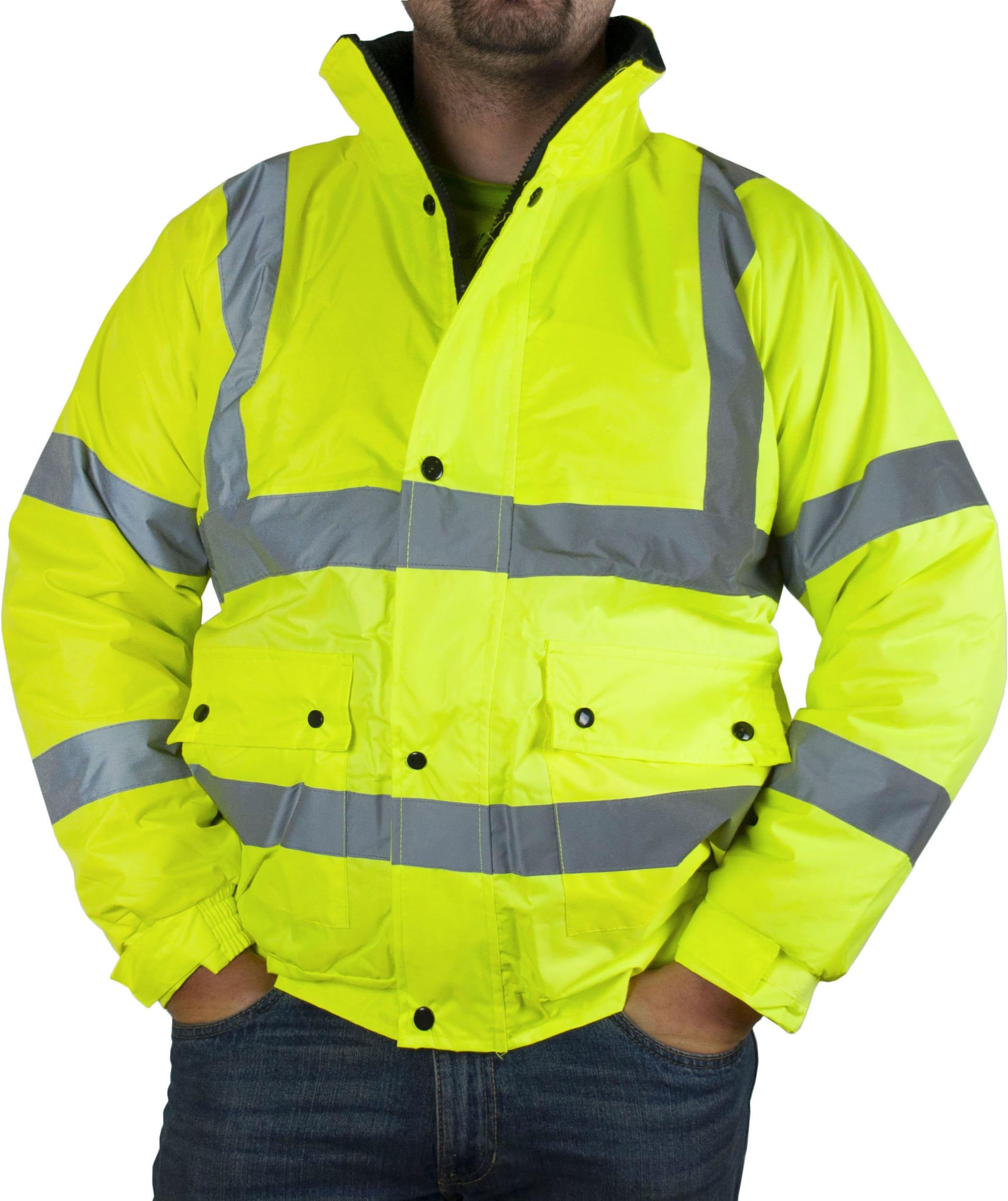 PST Products Hi Vis Bomber Jacket, Ultra High Visibility - CLASS 3, Hi Viz Work Safety Jackets, HQ Fleeced Collar Lining (X-Large, 1 - Yellow)