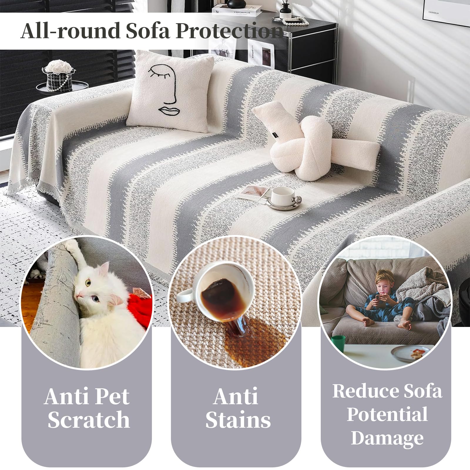 Sederikun Boho Sofa Cover, Couch Cover for Dogs Chenille Washable Sofa Slipcover for 3-4 Cushion Couch Cover L Shaped Cover Sofa (Tassel:Grey, X-Large 71''*134'')