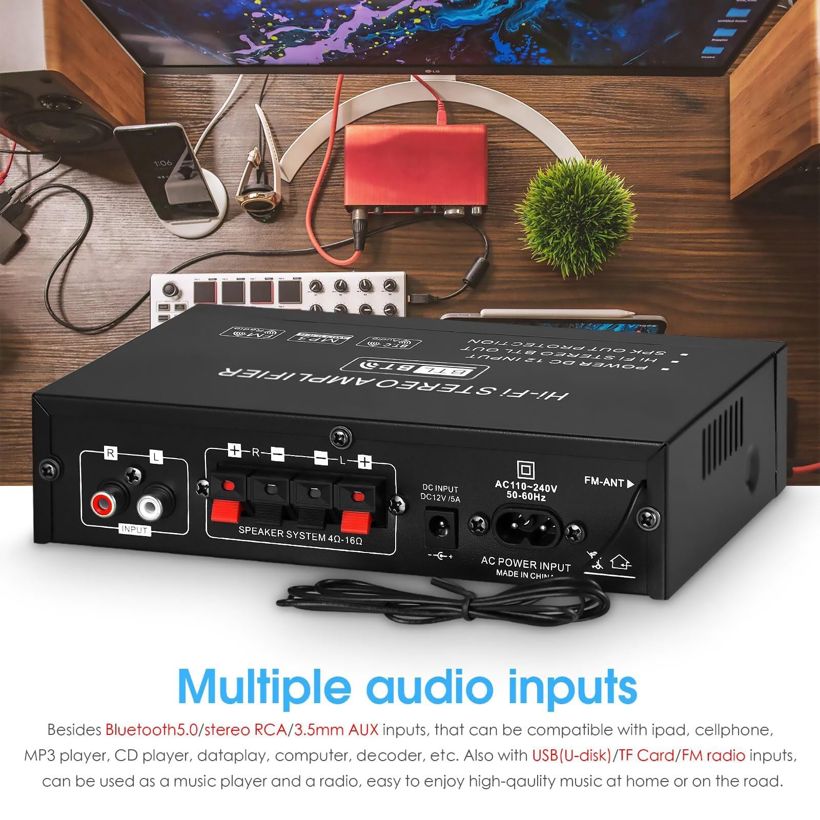 Scheda Amplificatore Digitale, Scheda Audio Amplificatore di Potenza, Manopola Volume/Controllo Alti-Bassi, Ingressi Audio Multipli, con Bluetooth, per Auto/Marina,A