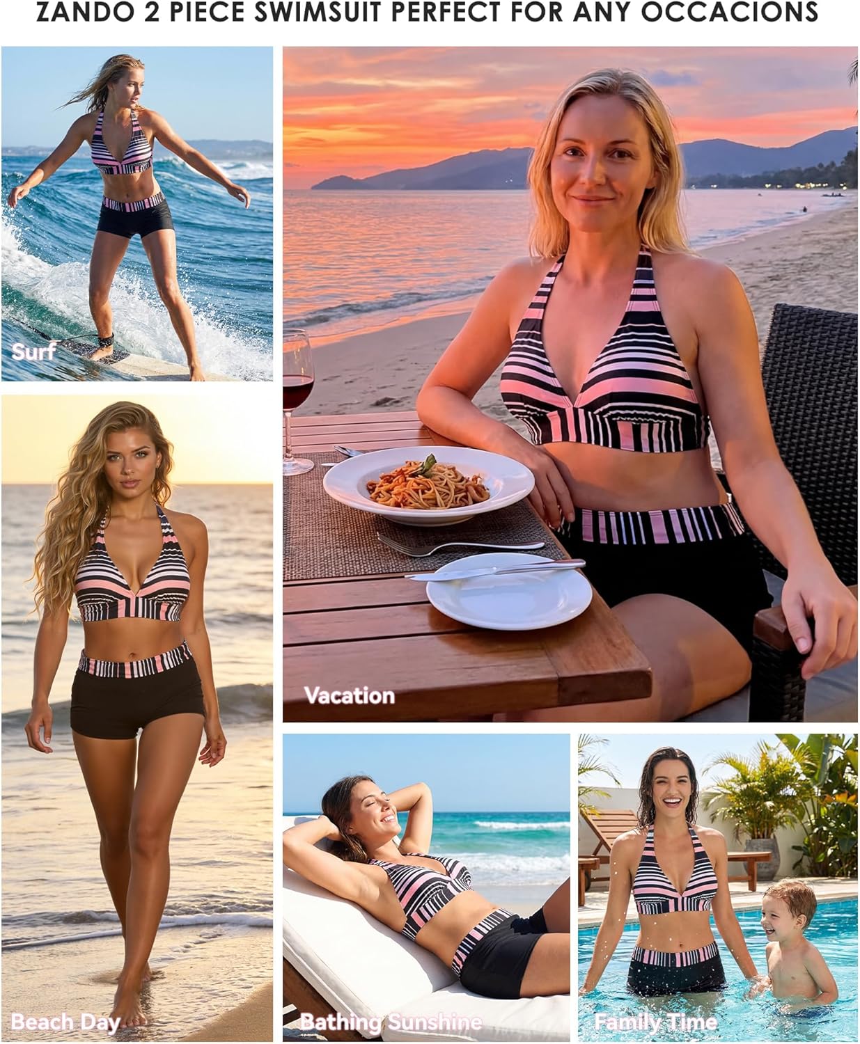 Zando Boyshort Two Piece Swimsuits for Women - Modest Sporty Full Coverage Push Up Bikini Set Halter Bathing Suit for Beach - Image 2