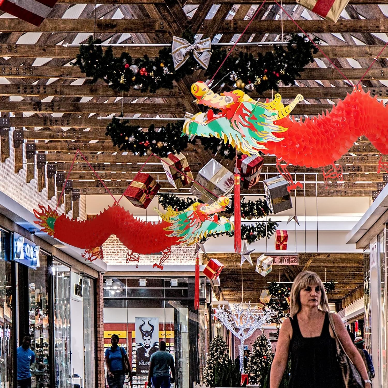 Chinesische Neujahrs-Deko – 2x 3D-Drachen (100 Cm), 10x Rote Laternen (25 Cm), 1x Kugel, Aus Kunststoff