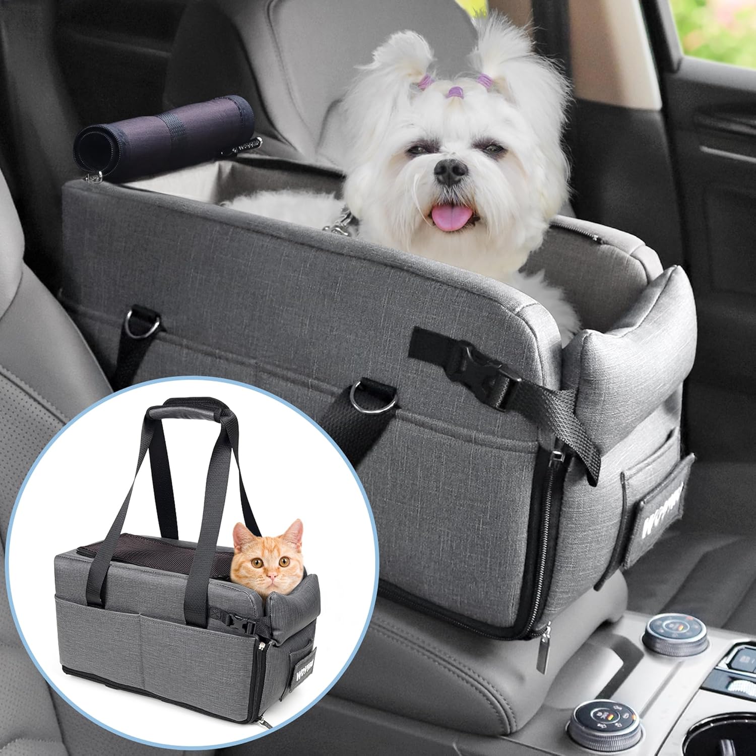WOYYHO Center Console Dog Car Seat for Small Dogs Up to 14lbs, Easy Install Stable No Shaking, Waterproof and Easy Clean Luxury Small Dog Car Seat with Adjustable Safety Belt (Grey PU Leather)