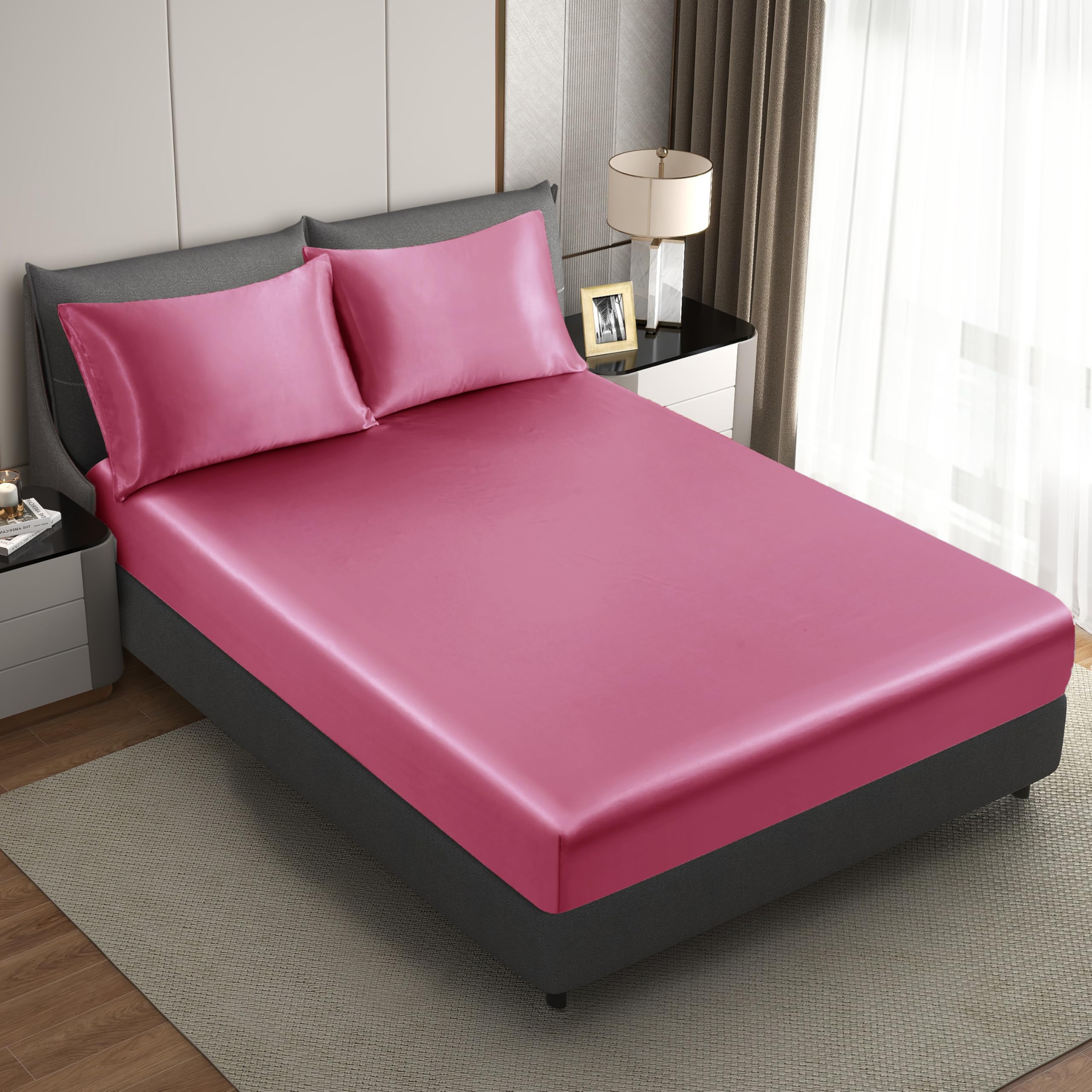 HommxJF Silk Satin Peach Red Queen Fitted Sheet Only, Deep Pocket Fitted Sheet Only, Breathable, Non- Fading, Fully Elasticized Bed Sheets Sold Separately