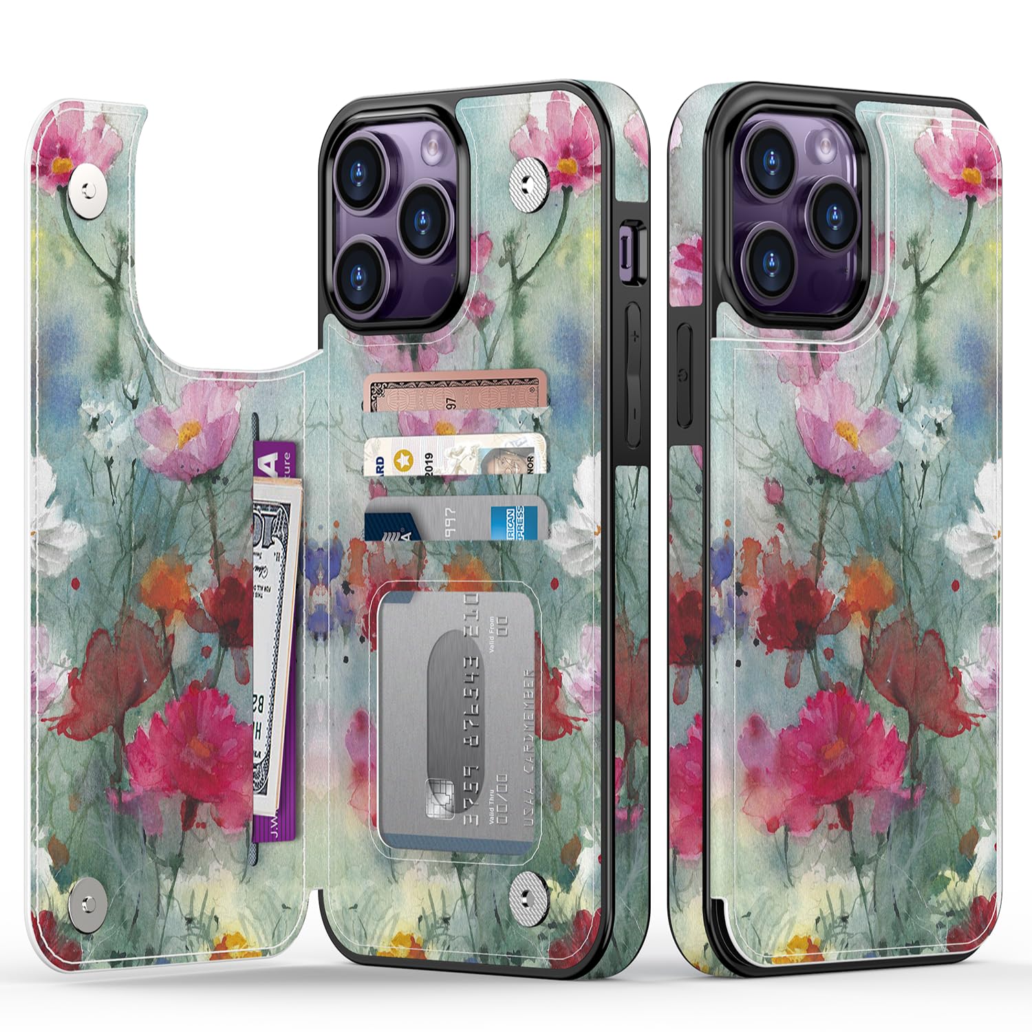 Goodon for iPhone 15 Pro Max Case Wallet - Flip Folio Leather Cover with Trendy Floral Design, 4 Card Slots & Kickstand Function, Protective Phone