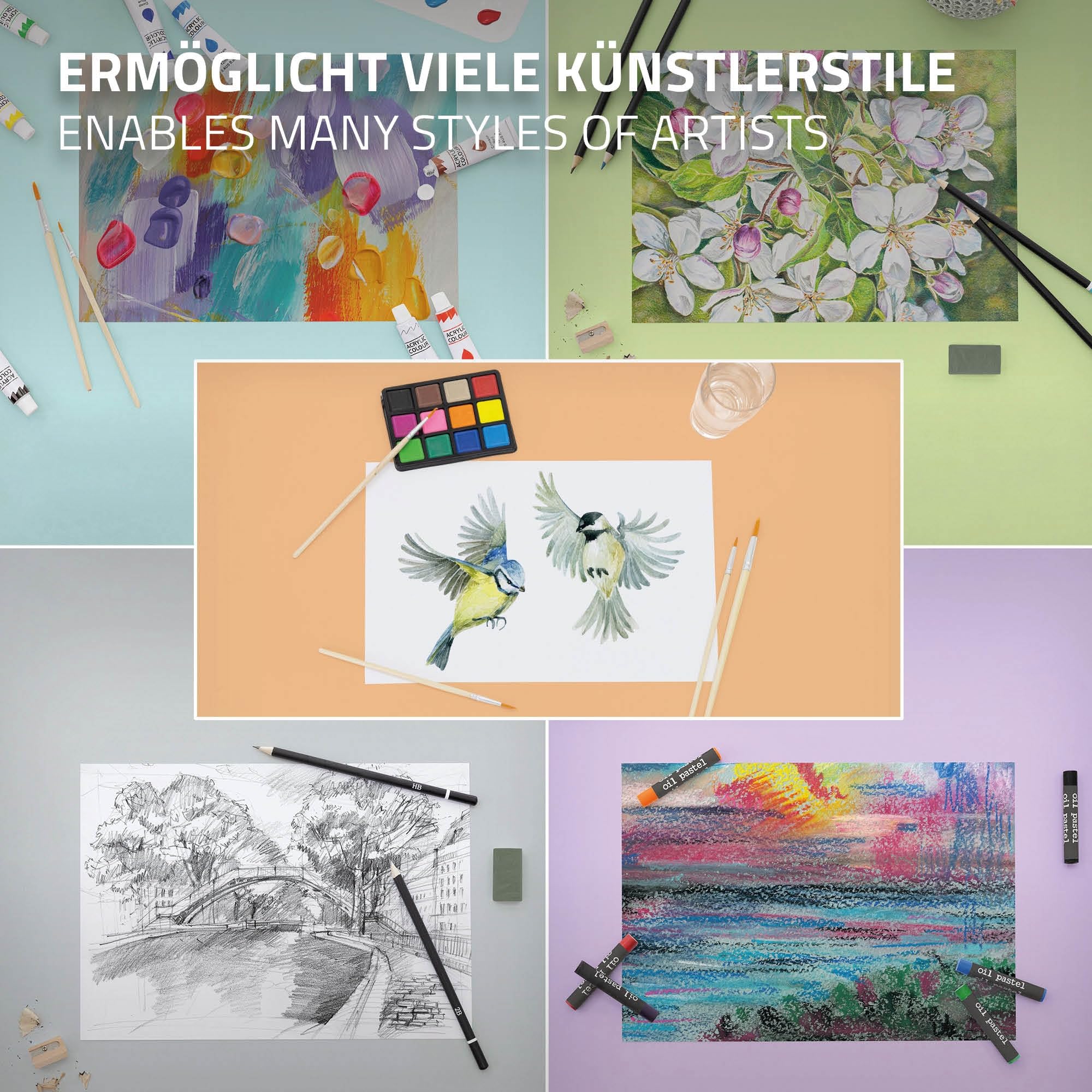 ECD Germany Set per Pittura con Valigetta in Legno 85 pezzi 3 Blocchi da Disegno A4 Colori Acrilici e Accessori Kit Disegno Pennelli Pastelli Acquarelli Portatile per Hobby Artisti Principianti