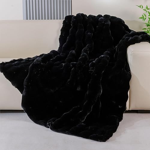 BlanketSolution Fluffy Furry Black Faux Fur Throw Blanket for Couch Bed 50x60 Fuzzy Bubble Soft Blanket for Adults Gift Home Living Room Decorative Decor 860 GSM - 50"W x 60"L - Black