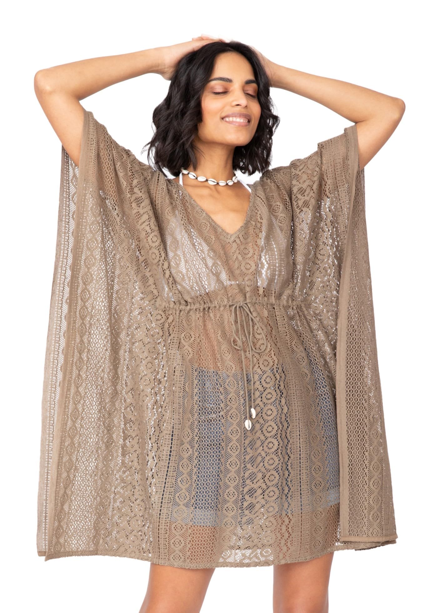 likemary Kaftan Beach Coverups for Women UK – Ladies Short Caftans – Swimwear Cover Ups for Beach, Pool, Cruise & Holidays Khaki Lace