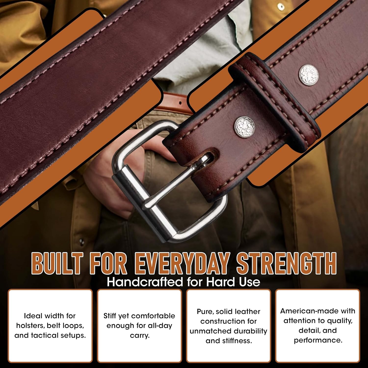 Urban Carry Premium EDC Leather Belt – USA Made Bullhide Leather Belt, Comfortable Single-Ply Design Gun Belt - 1.5" Wide