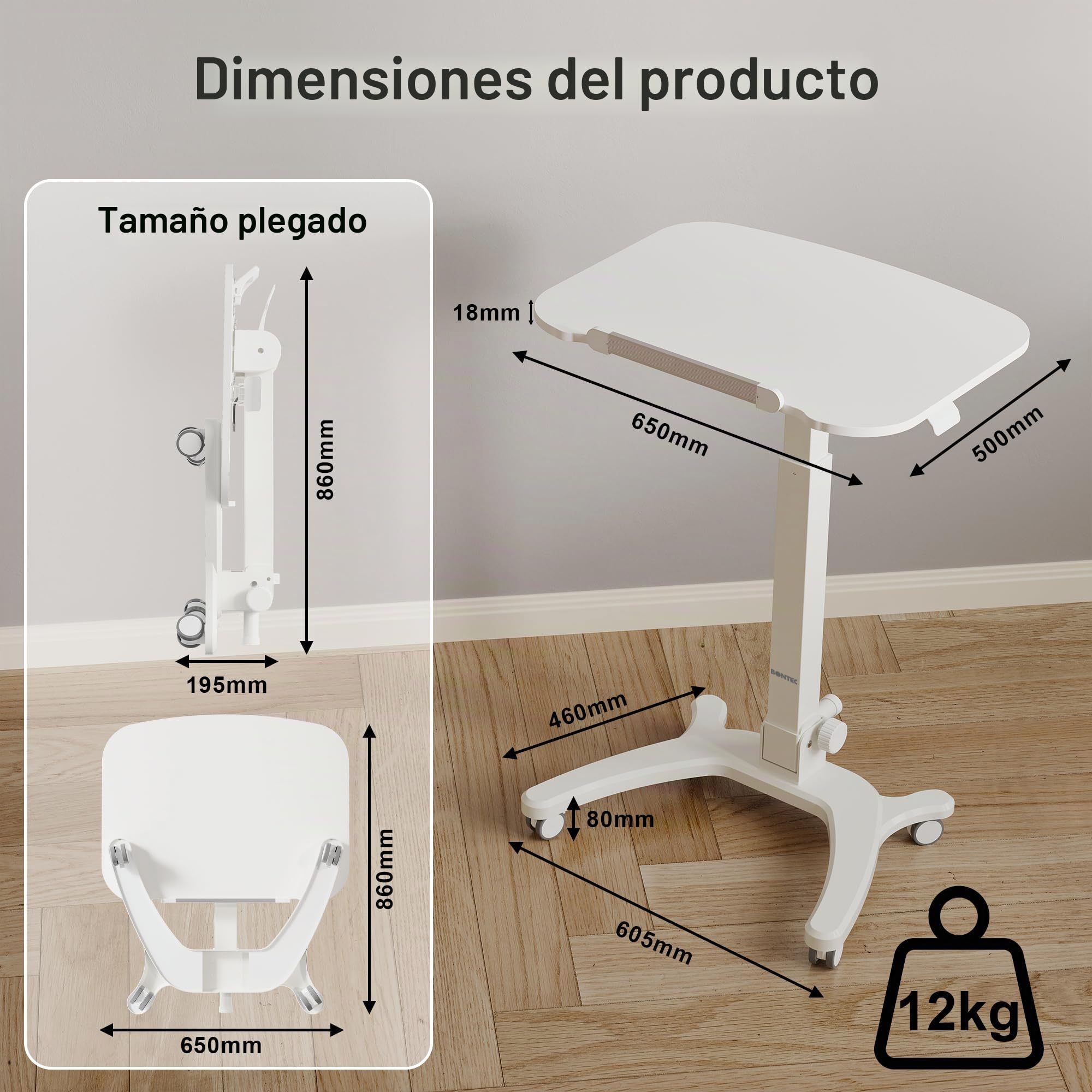BONTEC Escritorio Plegable con Ruedas, 90° Tablero Plegable, Capacidad 12kg, Mesa Regulable en Altura, 65x50 cm, Ideal para Oficina, Dormitorio y Uso Médico, 4 Ruedas Giratorias, Blanco