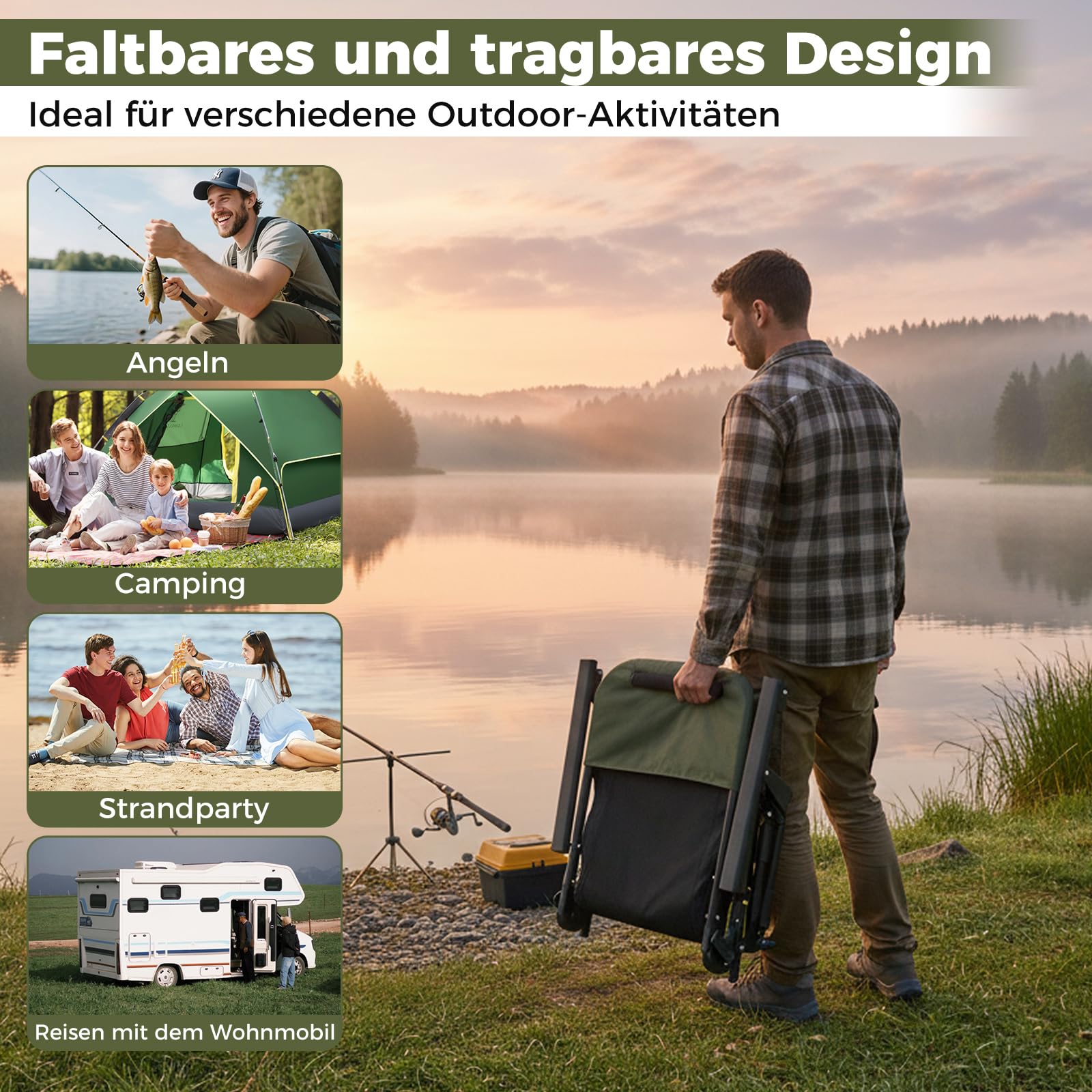 COSTWAY Angelstuhl mit Abnehmbarer Fußablage, Campingstuhl mit Verstellbarer Rückenlehne & gepolsterter Hochlehne, Karpfenstuhl höhenverstellbar, Faltbarer Fischerstuhl für Camping, Angeln, Zelten