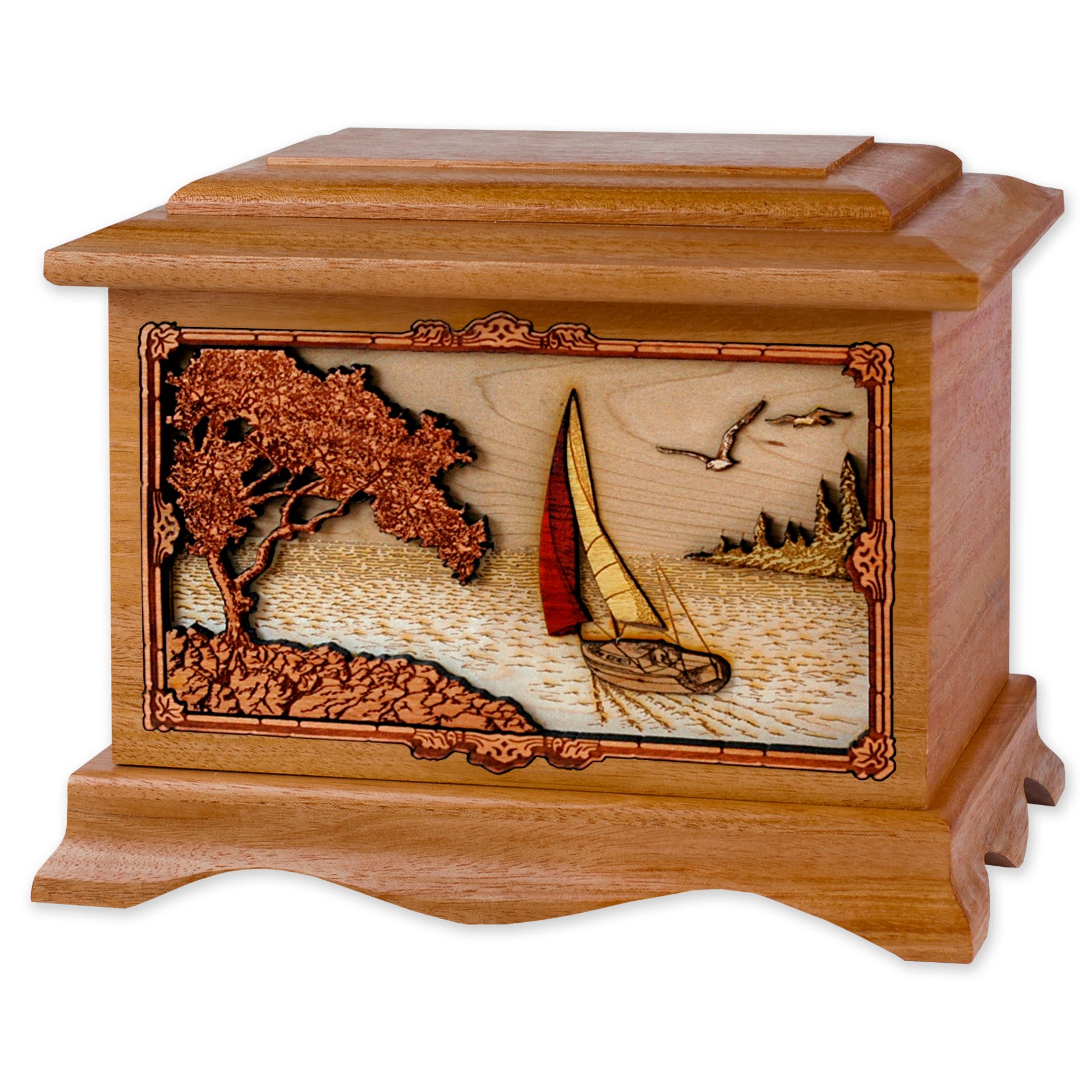 Wooden Seacoast Cremation Urn - Ambassador Shape with Soft Breezes Ocean Sailing Scene 3-Dimensional Inlay Wood Art Memorial - Funeral Urns for Adults (Mahogany Wood)