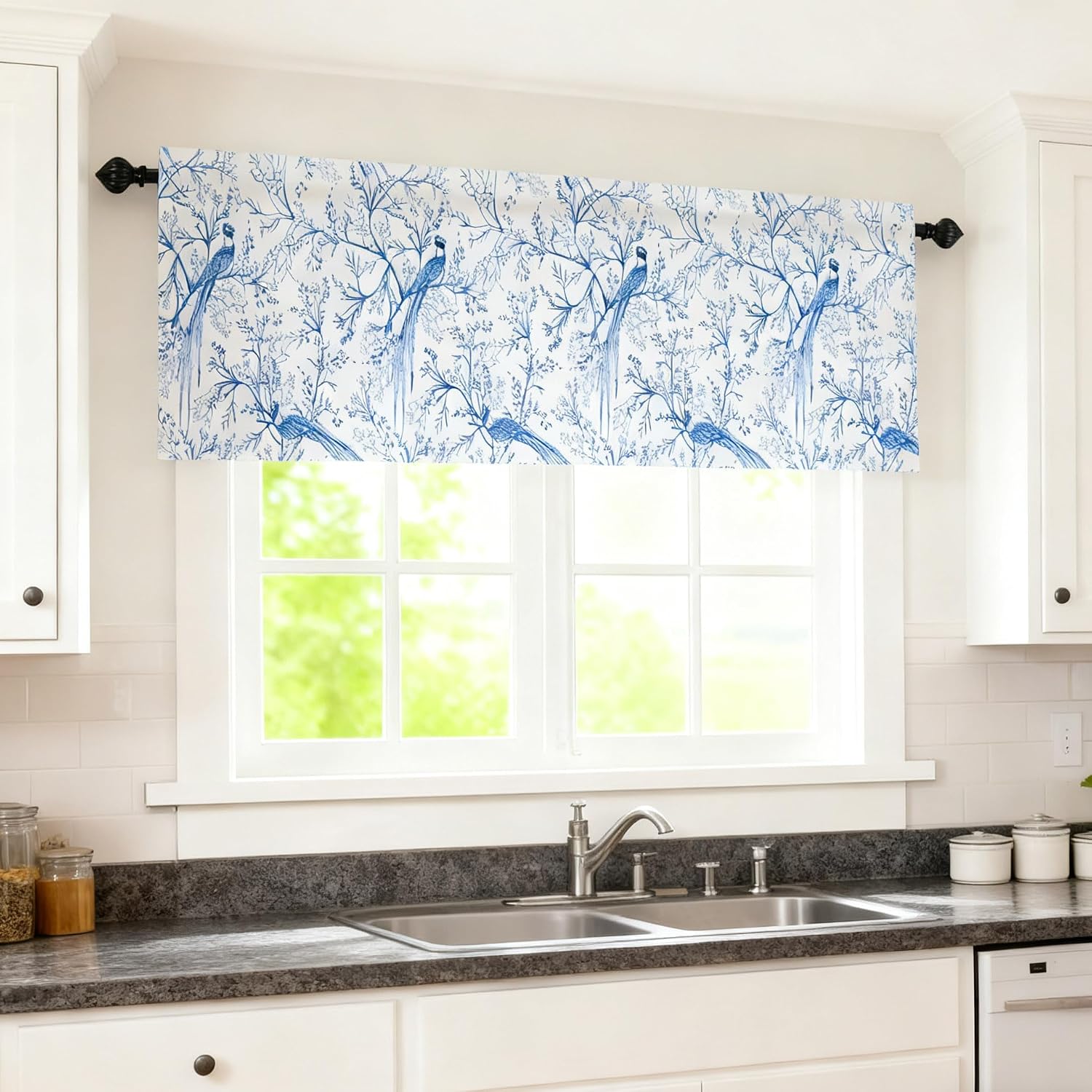 LeLehome Window Valance, 18" L X 54" W Short Curtain Toile Blue Flowers Sketch Long-Tailed Birds Floral Rod Pocket for Kitchen Bathroom Bedroom Home Decor 1 Panel