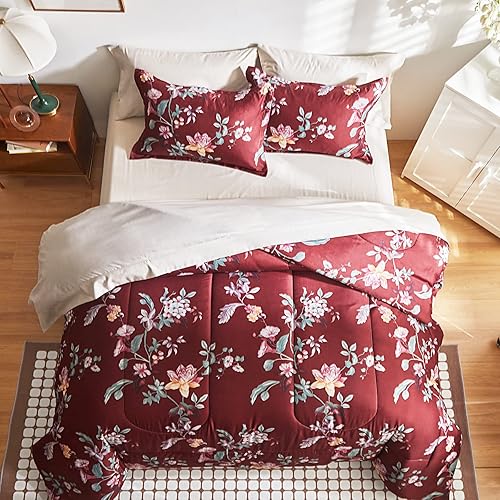 Miniatura 3 de Joyreap Bed in a Bag King, juego de sábanas de edredón floral de 7 piezas, hojas coloridas sobre blanco para todas las estaciones, 1 edredón, 2