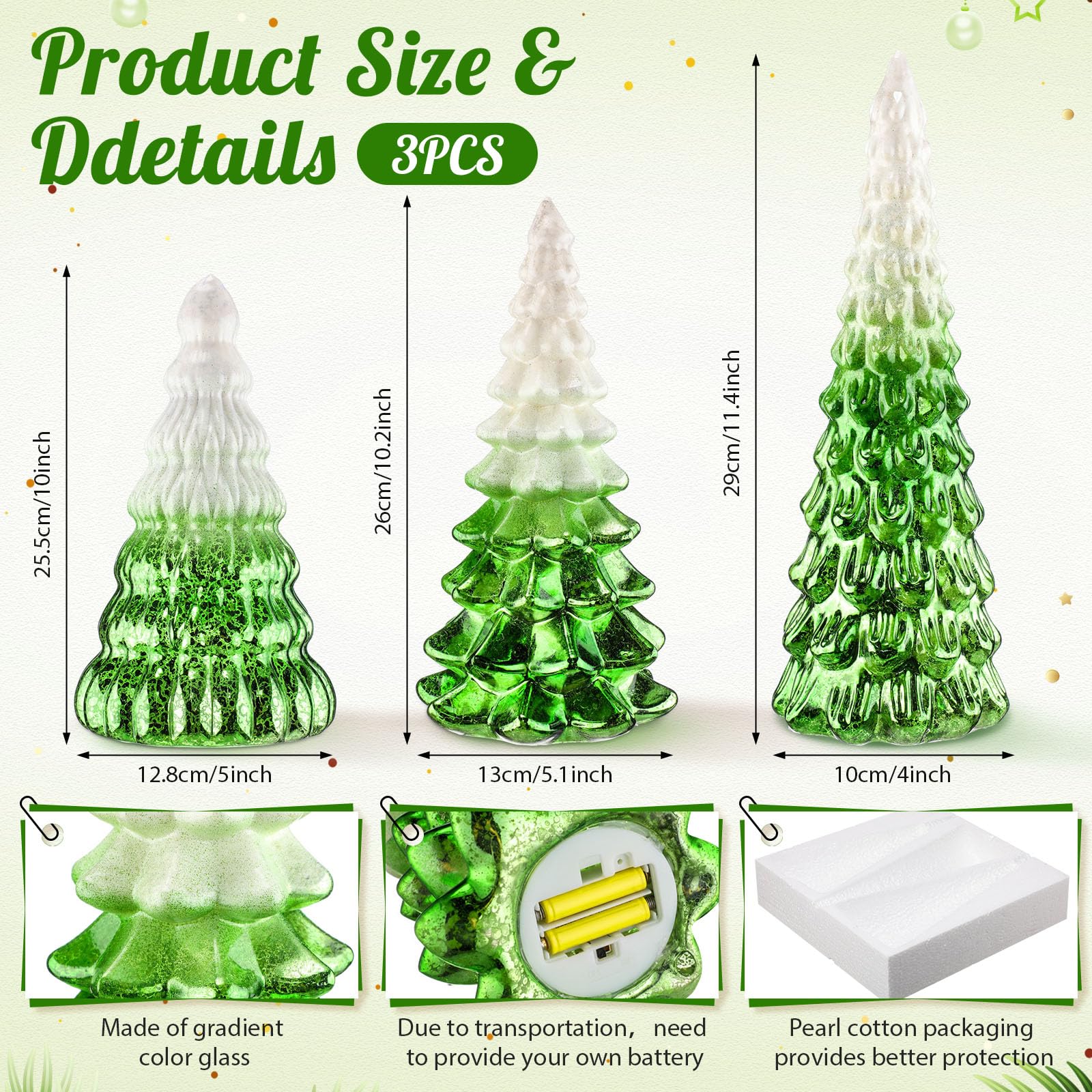 Funnymoom Confezione da 3 decorazioni per alberi di Natale in vetro sfumate illuminate con neve e glitter, regalo per casa, soggiorno, camino, tavolo, mantello, vacanze (verde)