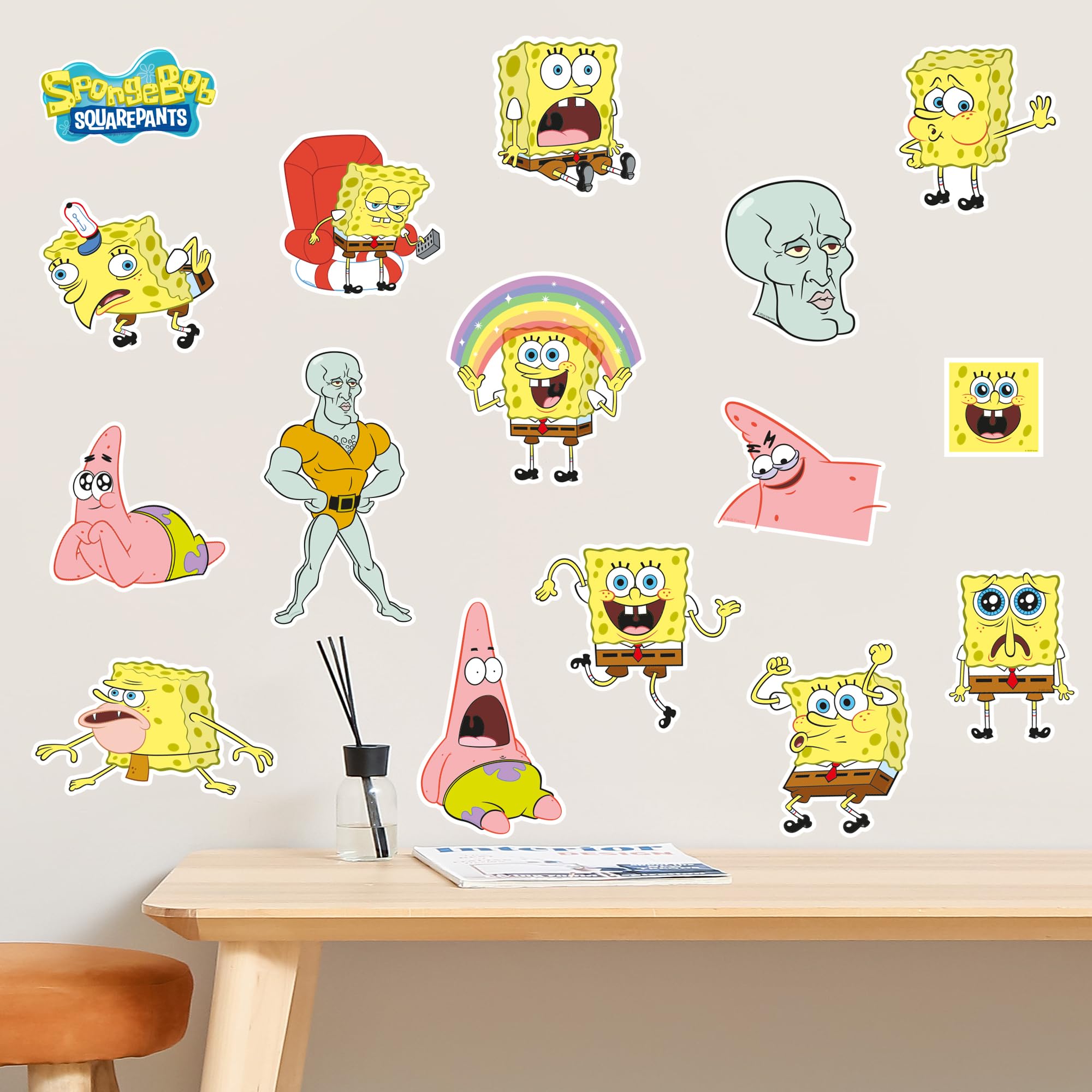 Themed Yellow Spongebob Wall Stickers - Spongebob Meme Sticker Set Decal Art (60Cm Width X 30Cm Height)