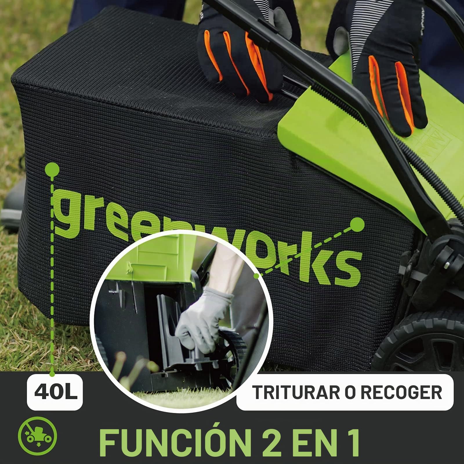 Cortacésped sin cable Greenworks GD24X2LM36K2x (Li-Ion 2x24V 36cm anchura hasta 250m² 40L recogedor de hierba 5 regulaciones altura de corte con batería de 2x2Ah y cargador de doble ranura)