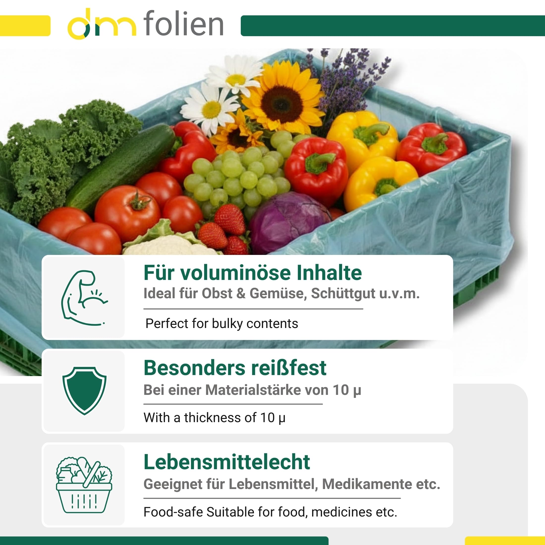 dm-folien Foliensäcke I 1000 Stück I 600+400x800mm I Lebensmittelechte Seitenfaltensäcke 10 µ I Blau-transluzente Beutel aus recycelbarem HDPE I Reißfeste Säcke für KLT-Kisten & Kartons
