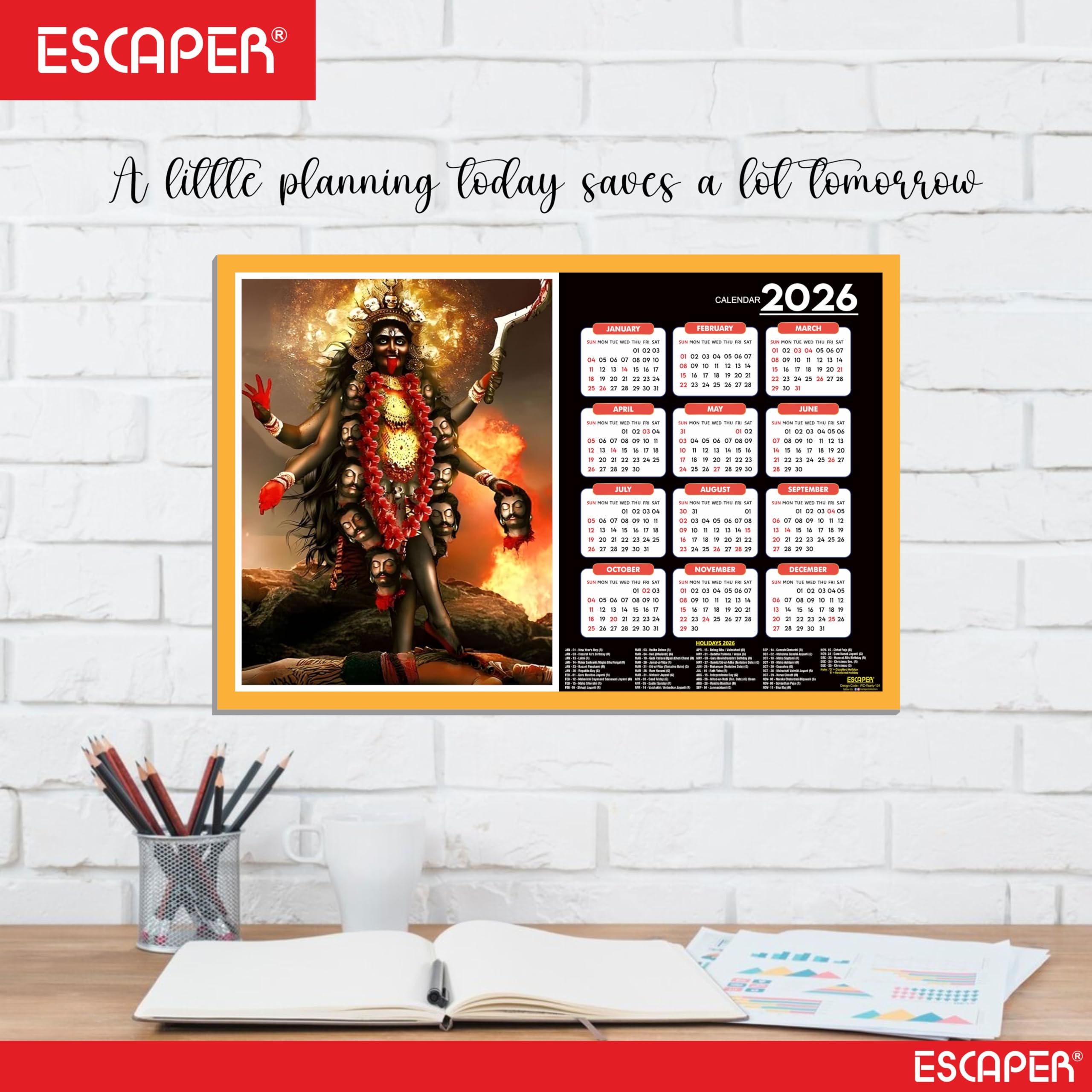 ESCAPER Göttin Lakshmi Wandkalender 2026 - 45 x 30 cm, Laxmi Ji, Laxmi Devi, Durga, Saraswati & Kali Mata Fotos, religiöser Wandkalender für Zuhause, Büro & Pooja Zimmer