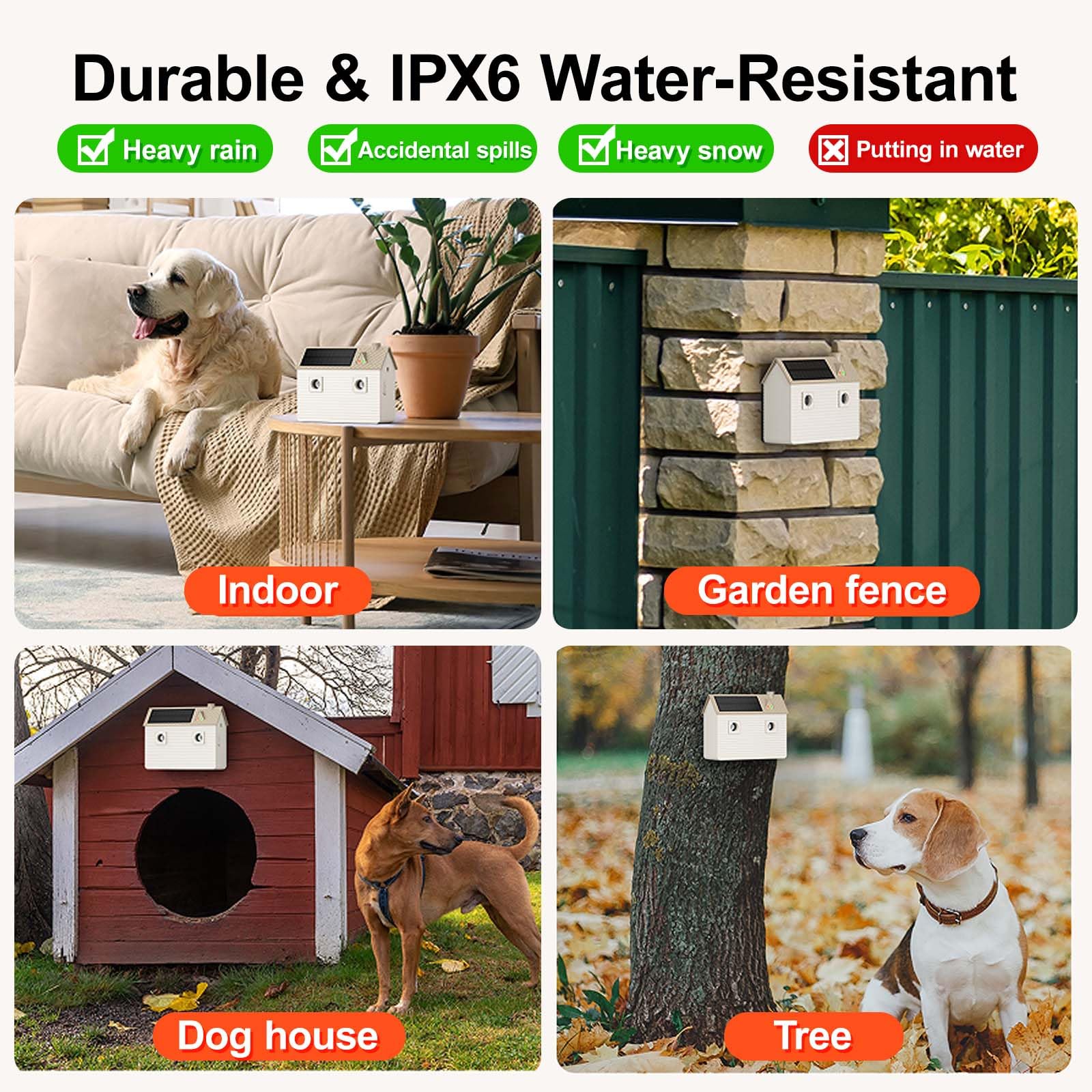 Dispositivo antiladridos, disuasorio ultrasónico de ladridos de perro con 3 modos ajustables, rango de 50 pies, carga solar y USB-C para una larga duración de la batería, silenciador de ladridos para