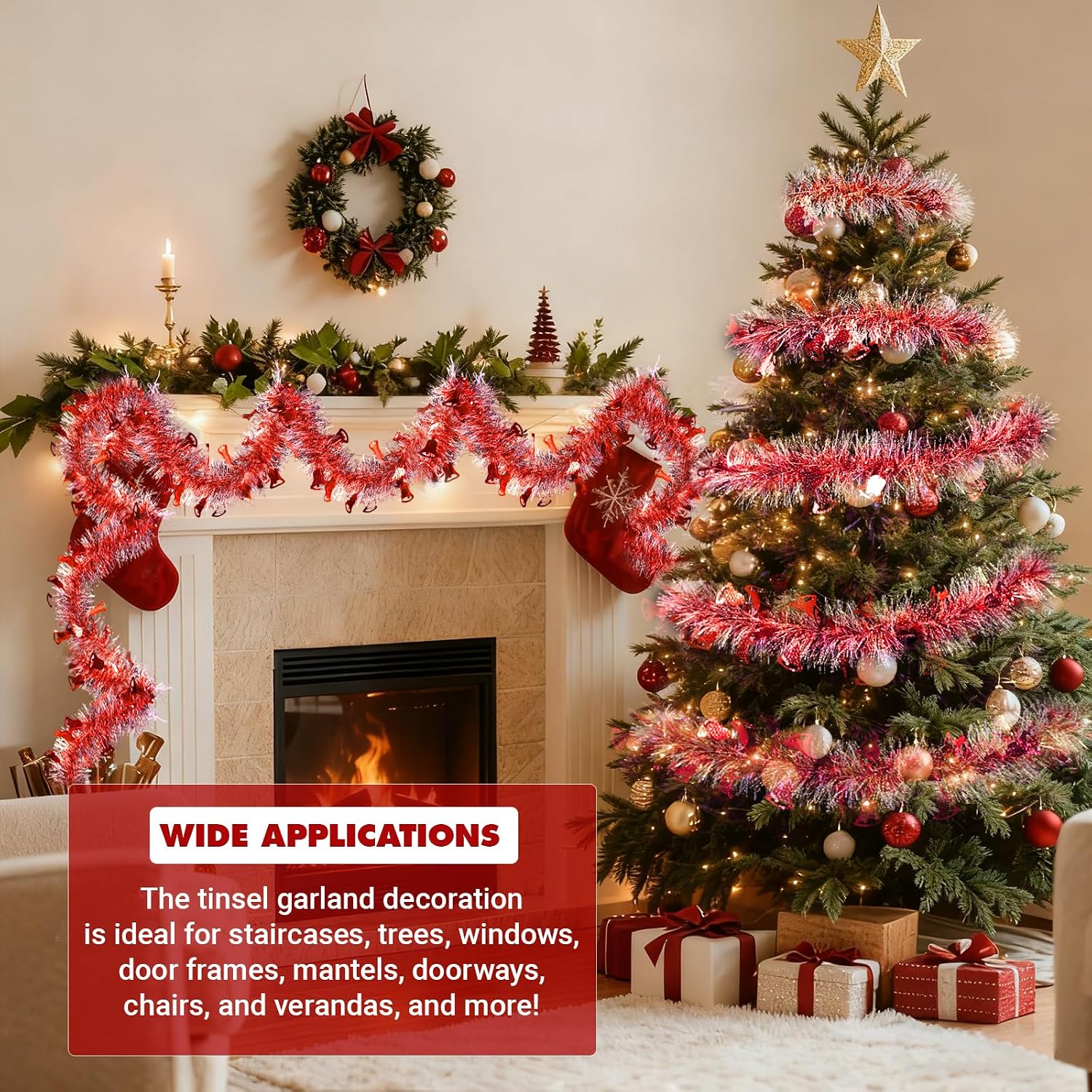 3PACK 10Feet Christmas Bell Tinsel Garland,Sliver and red Metallic Tinsel Twist Garland Glittering Decoration for Christmas Tree Decor Wedding Summer Luau Birthday Party Indoor Hanging Home