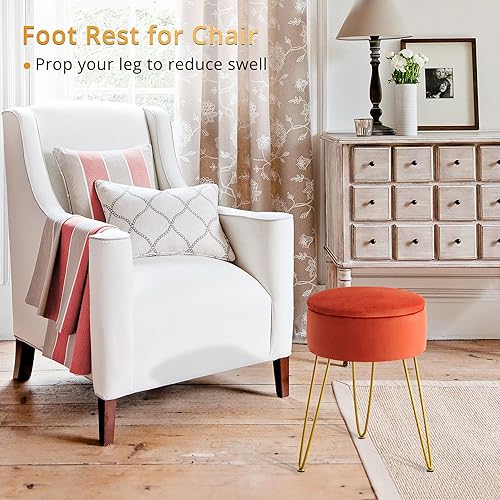 Miniatura 5 de LUE BONA Taburete de terciopelo para sala de maquillaje, otomana de almacenamiento redondo, taburete para tocador con patas doradas, silla de