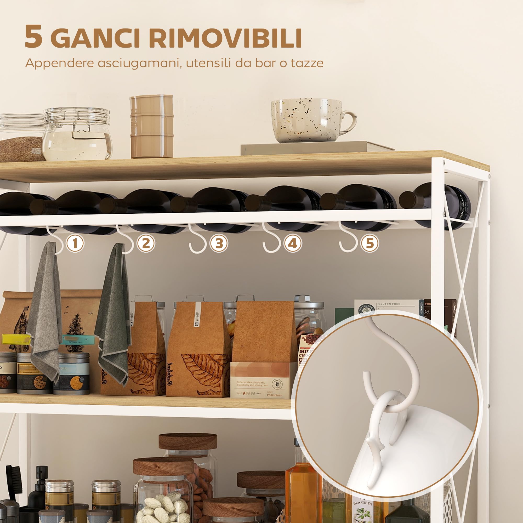 HOMCOM Carrello da Cucina a 4 Livelli con Portabottiglie e 5 Ganci Rimovibili, Carrello Portavivande Salvaspazio con Ruote a Freno in Legno e Metallo, 96.5x38x96.7 cm, Color Legno
