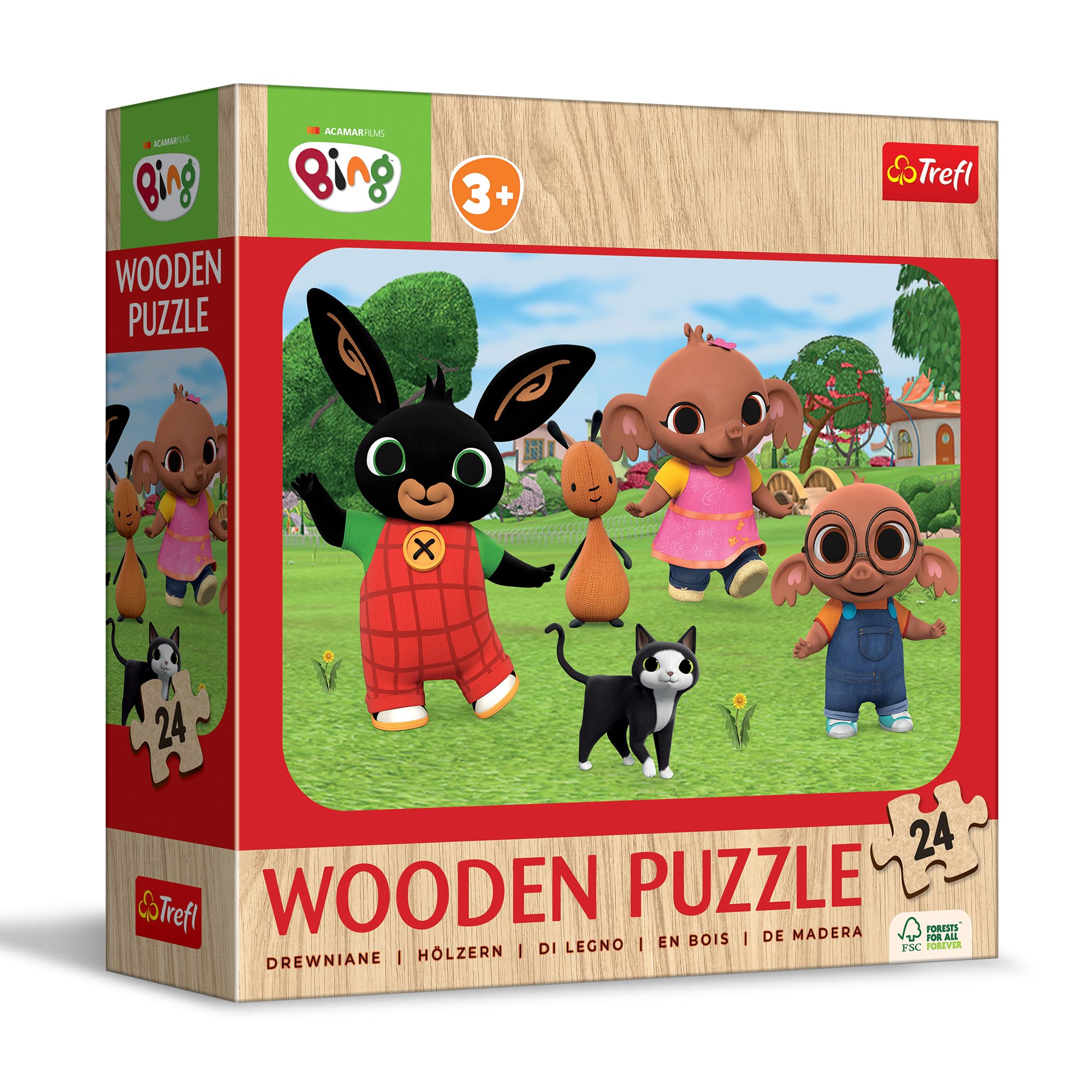 Trefl - Puzzle in Legno: Bing, Scopri Bing - 24 Pezzi, Wooden Puzzle, Bordi Arrotondati, Motivo Decorativo sul Retro, per Bambini dai 3 anni