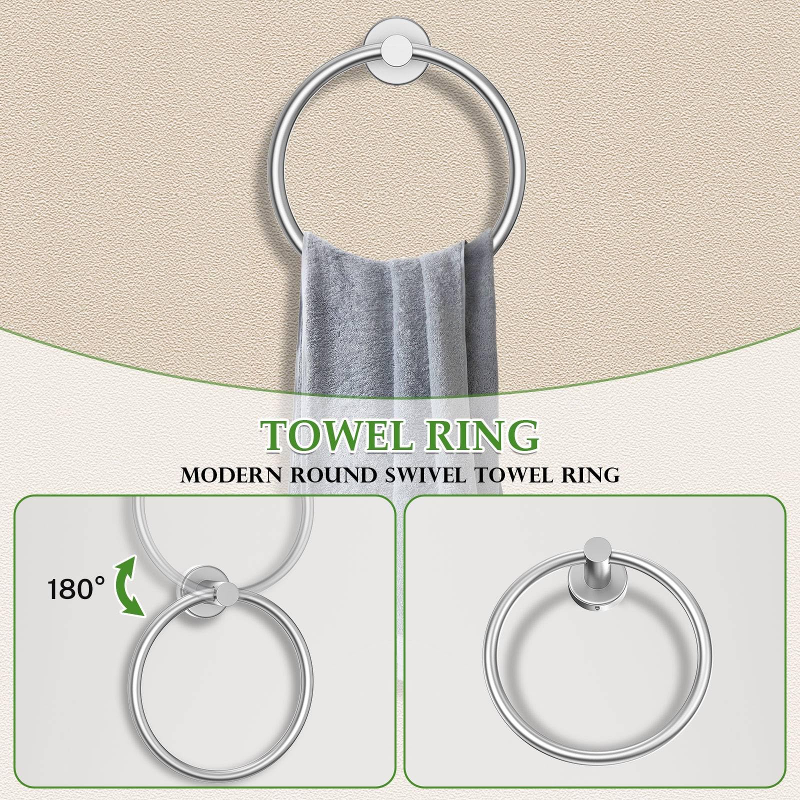 Set di 10 portasciugamani in nichel spazzolato, accessori per il bagno, include barra portasciugamani da 60 cm, anello per asciugamani rotondo e ganci in acciaio inox, set di portasciugamani da parete