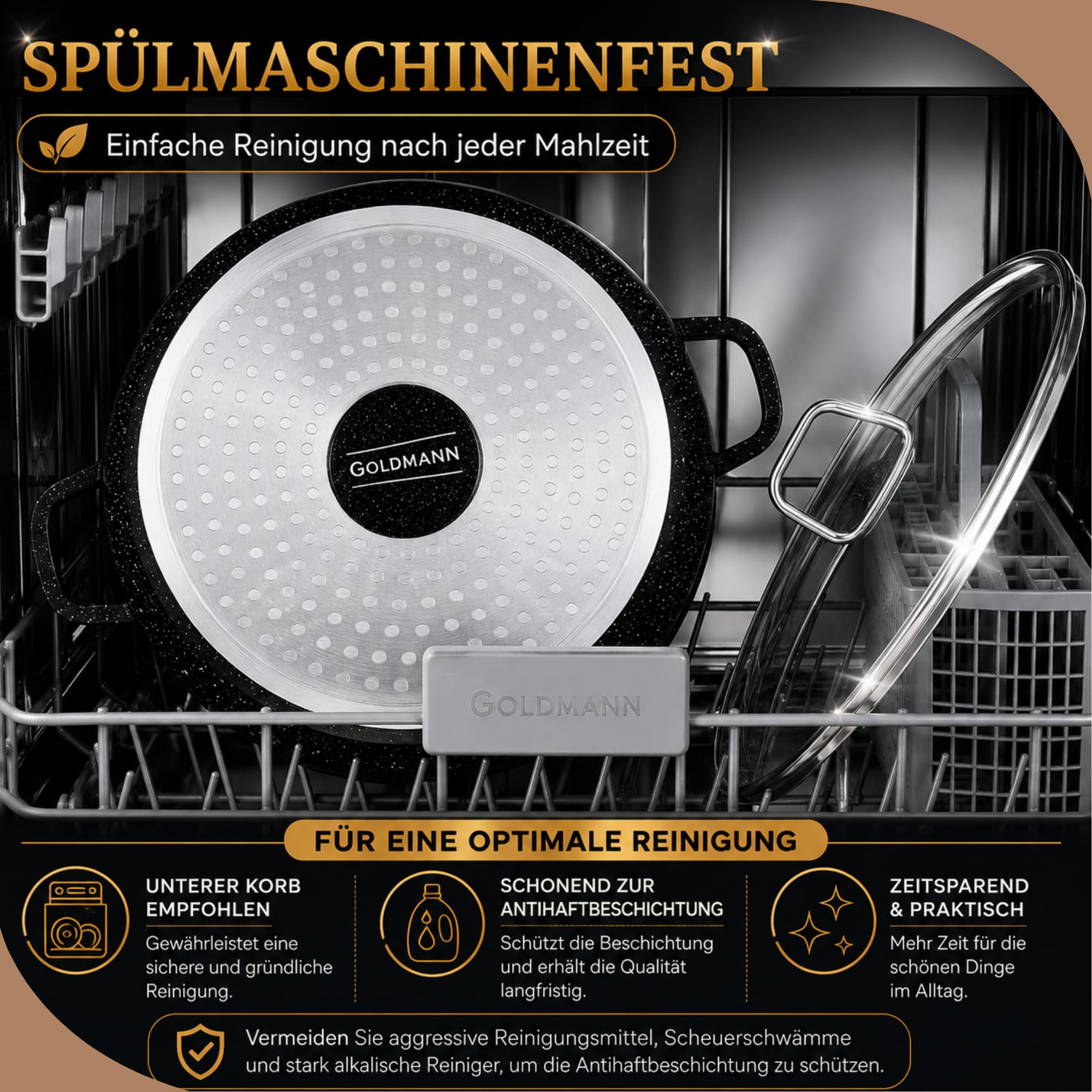 GOLDMANN Kochtopf aus Aluminiumguss, 24 cm - 4.5 L, antihaftbeschichtete Keramik-Marmor-Optik, Glasdeckel, induktions- und für alle Herdarten geeignet, ofenfest und PFOA-frei