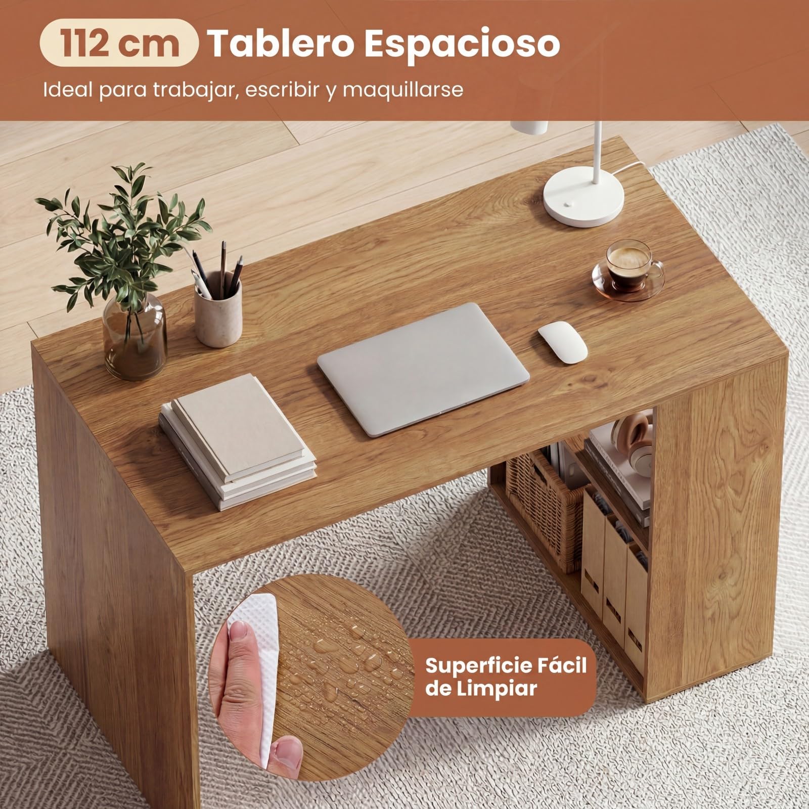 COSTWAY Escritorio con 2 Estantes Abiertos，112 x 60 cm, Mesa Escritorio Pequeño de Madera, Escritorio Ordenador Oficina despacho Dormitorio (Natural)