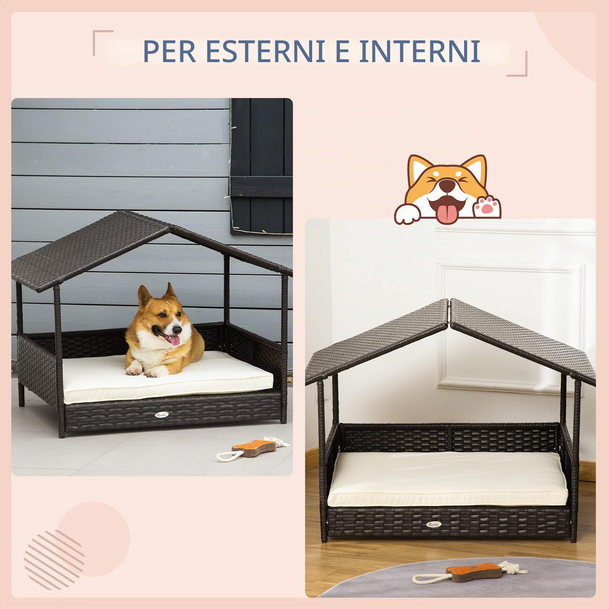 Pawhut Cuccia per cani con cuscino, letto per cani a forma di casa, casa per esterni, telaio in acciaio, PP Rattan, nero, 95 x 69 x 70 cm