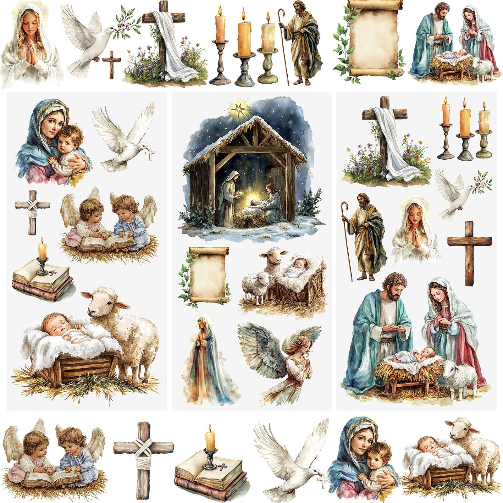WANDIC 3 Sheets Jesus Rub On Transfer Stickers, Cross Waterproof Decals Furniture Craft Decorative, Junk Journals for DIY Scrapbooking, 15 * 30cm — image 1
