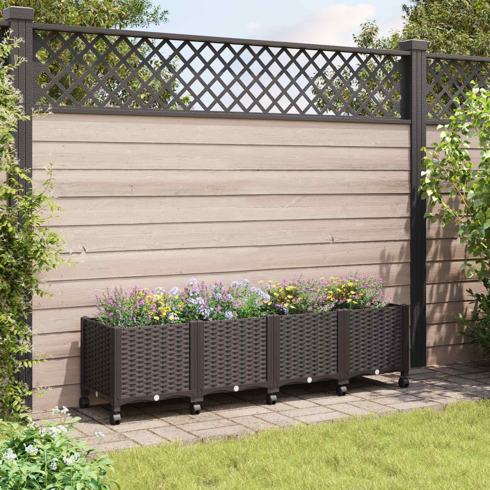 vidaXL Jardinière avec Roues Marron 160 x 40 x 44 cm PP, Jardinière Moderne pour Balcon, terrasse, résistante aux intempéries, idéale pour Les Plantes et légumes