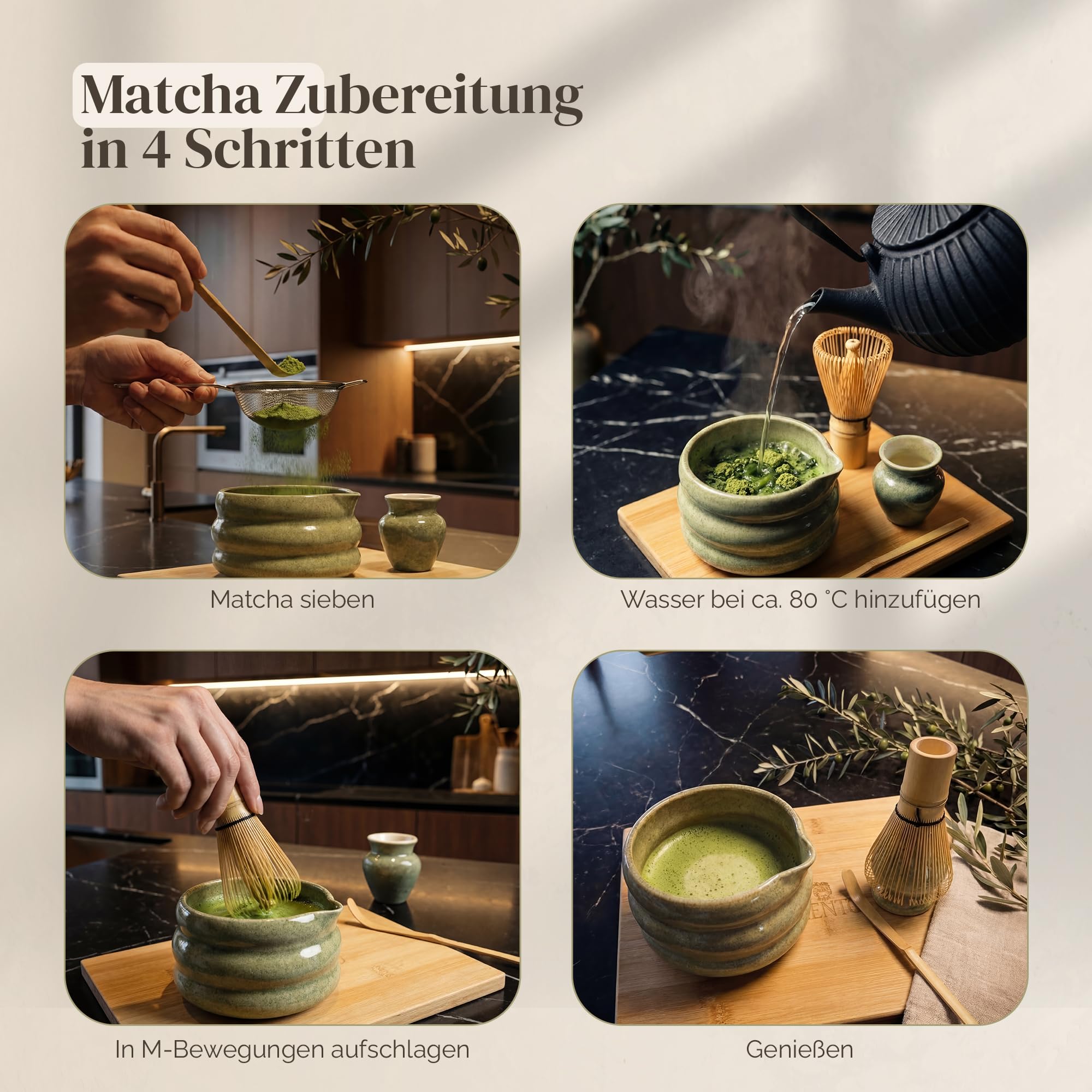 Matcha Set 8-teilig, Matcha Tee Set mit Matcha Schale mit Ausguss, Bambusbesen (Chasen), To Go Glas mit Deckel & Glasstrohhalm, Bambus Tablett – Luxus Geschenkset