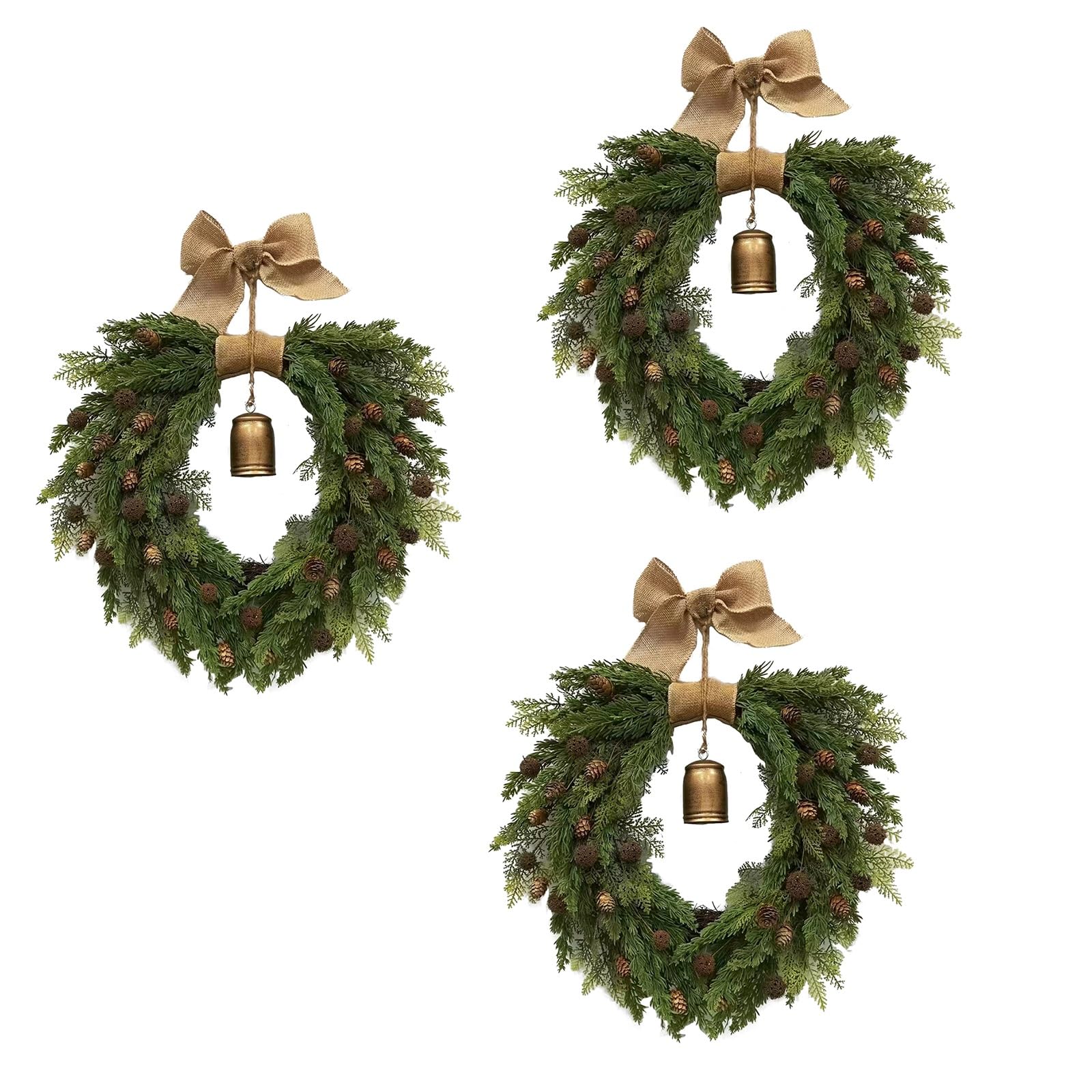 Adventskranz Künstlich, mit Tannenzapfen, Juteschleife und Metallglocke, Türkranz Weihnachten für Haus, Veranda und Fenster(3PCS)