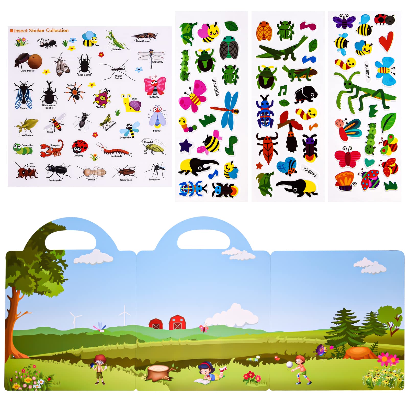 ASTARON Libro di Adesivi Gonfi 3D Riutilizzabili per Bambini di 2-6 Anni, 88 Pezzi Simpatici Adesivi Impermeabili per Insetti, Adesivi per Viaggi di Gioco e Libro Indaffarato