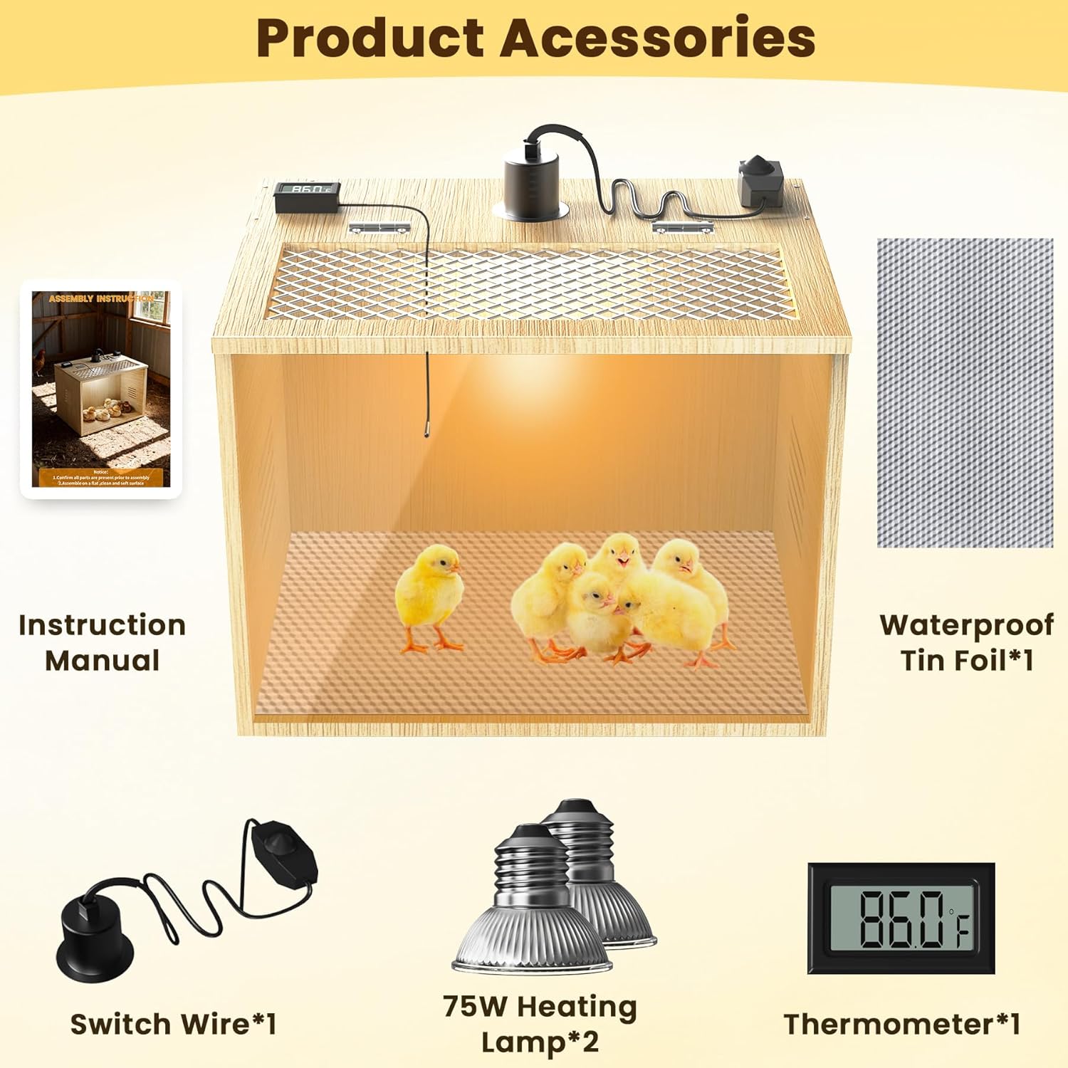 Chicken Brooder Box for Chicks Starter Kit, 16 Inch Wooden Chicken Brooder Box with 75W Heating Lamps, Thermometer and Tin Foil, Poultry Breeding Kit, for 5-7 Chicks Ducks Quail Hamsters