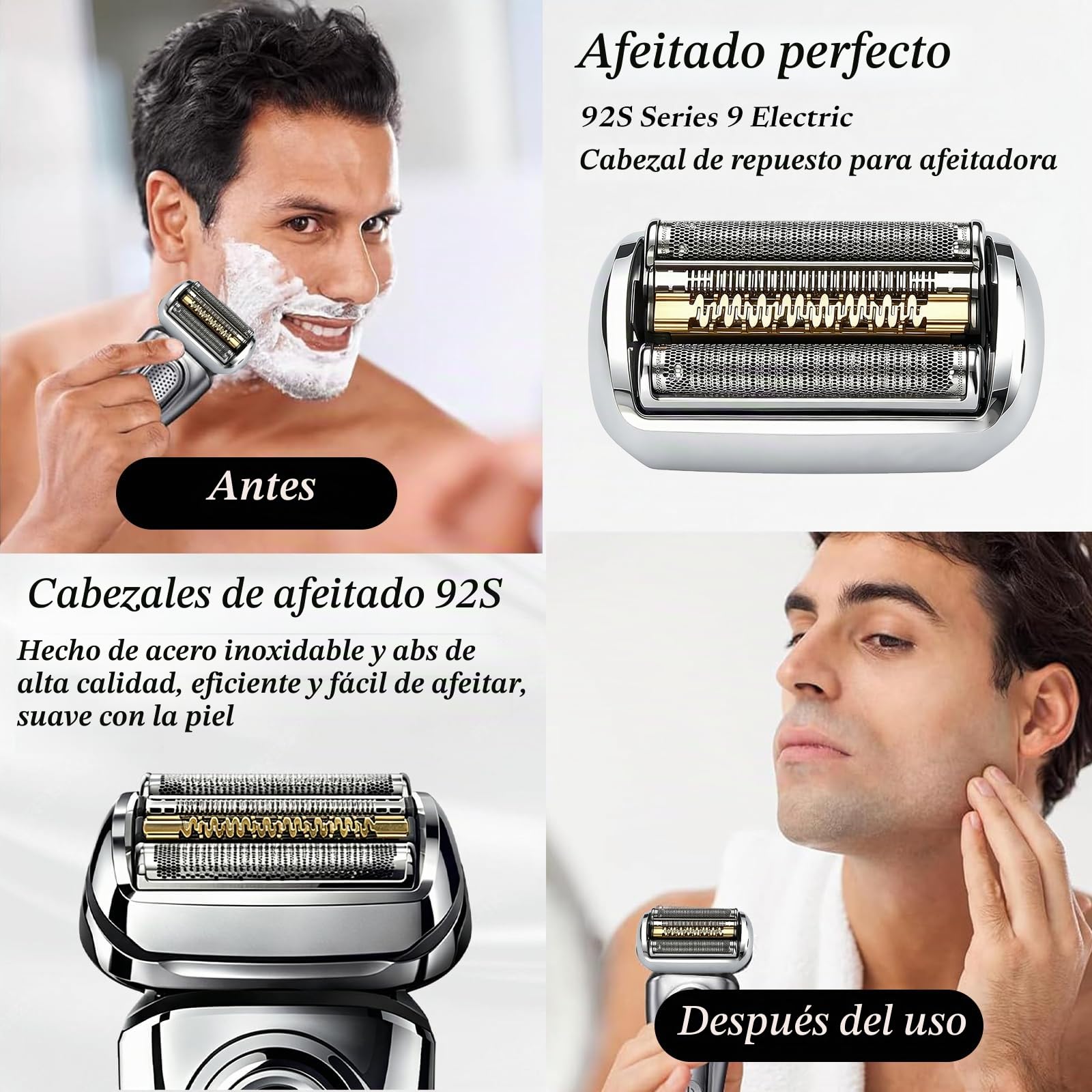 92S Cabezal de Afeitado para Series 9 & 9 Pro, Cabezal de Recambio Compatible con 9030s 9040s 9050cc 9290cc 9295cc (20+ Modelos), Fácil de Limpiar y Reemplazar, Plateado