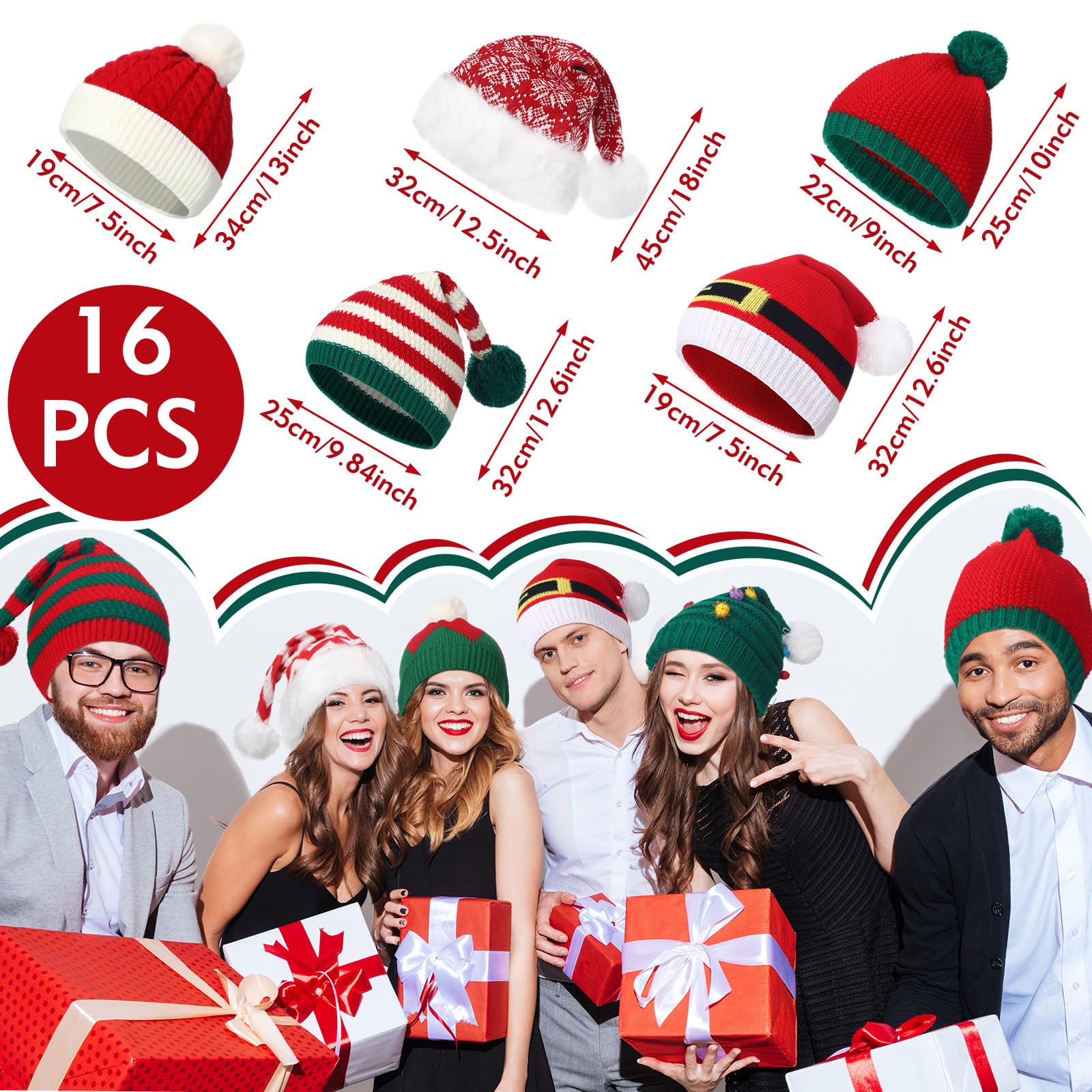 Liitrsh 16 Stück Weihnachtsmütze, gestrickt, Elfenmütze, Weihnachtsmannmütze, gehäkelt, Beanies, Mütze, Faden, gestreift, Urlaub mit Pompon, für Erwachsene, Teenager, Männer, Frauen, Unisex, Rot, Grün