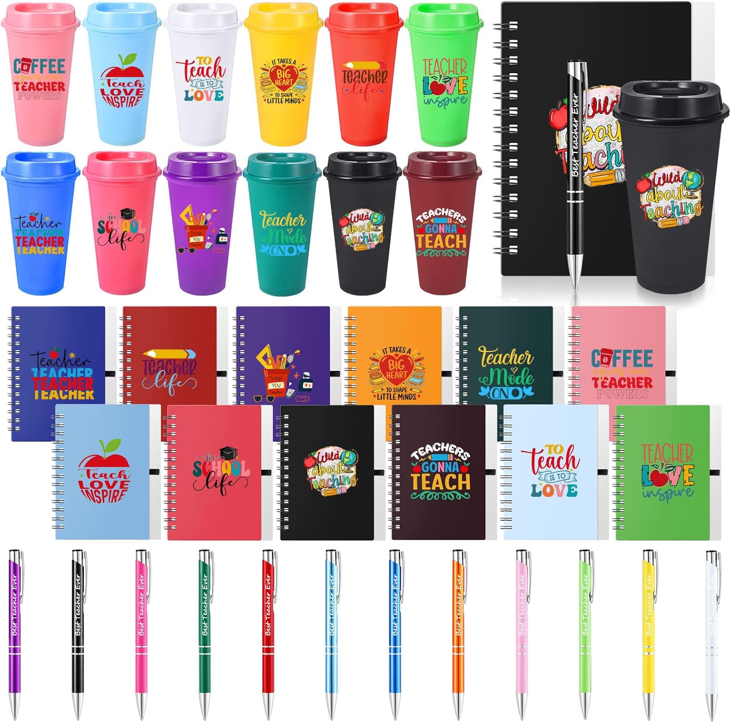 Teenyyou 72 Pcs Teacher Appreciation Gifts Bulk Thank You Teacher Gifts Tumblers, 16oz Plastic Coffee Cups with Lid Notebooks and Ballpoint Pens for End of Year Graduation Party Favor(Classic 2)