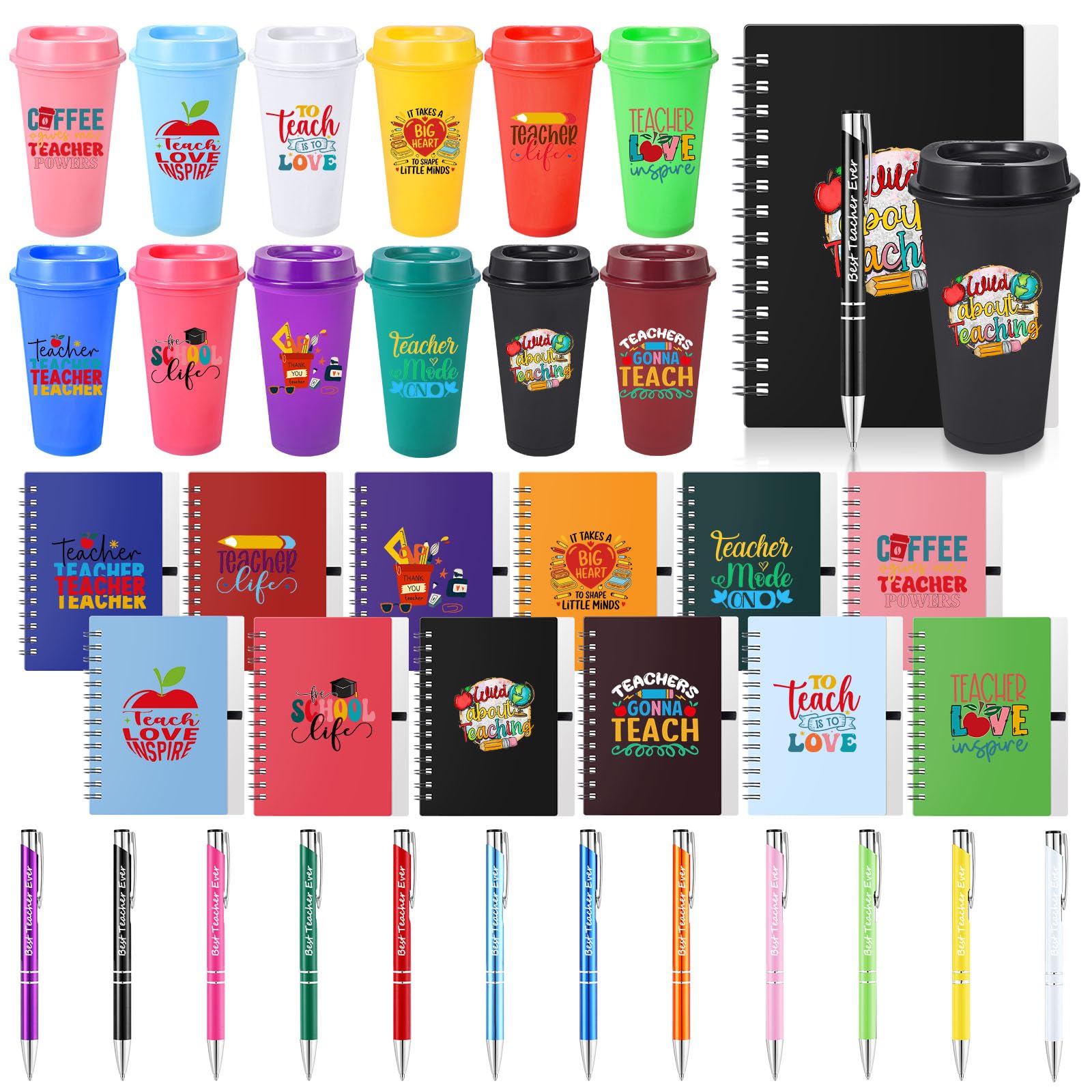 Teenyyou Juego de 72 piezas de regalo de agradecimiento para profesores, incluye tazas de café de plástico de 16 onzas con tapa, cuadernos motivacionales y bolígrafos para mujeres, profesoras