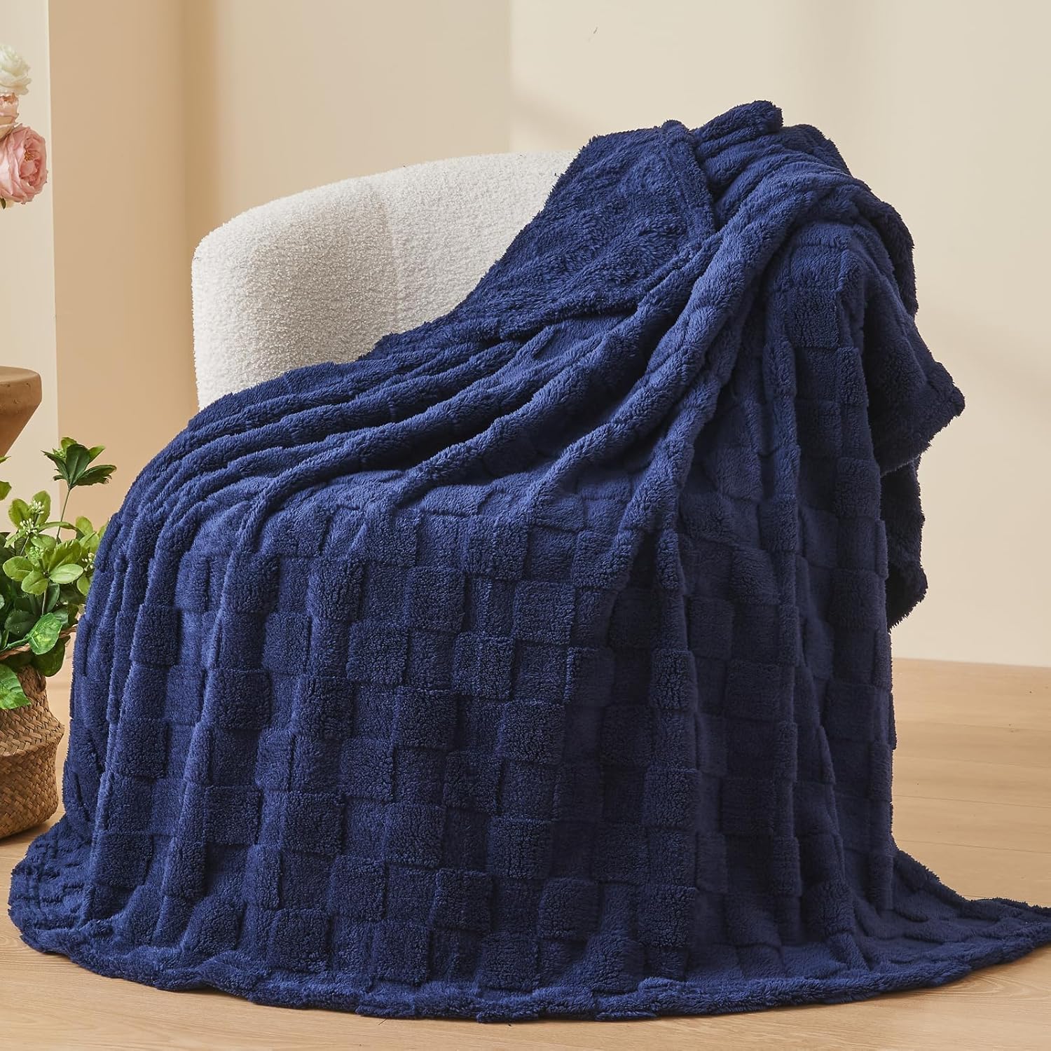 NEWCOSPLAY Super Soft Throw Blanket Dark Navy Premium Silky Flannel Fleece 3D Checkered Lightweight Bed Blanket All Season Use (Dark Navy Checkered, Throw(50"x70")) - Image 4
