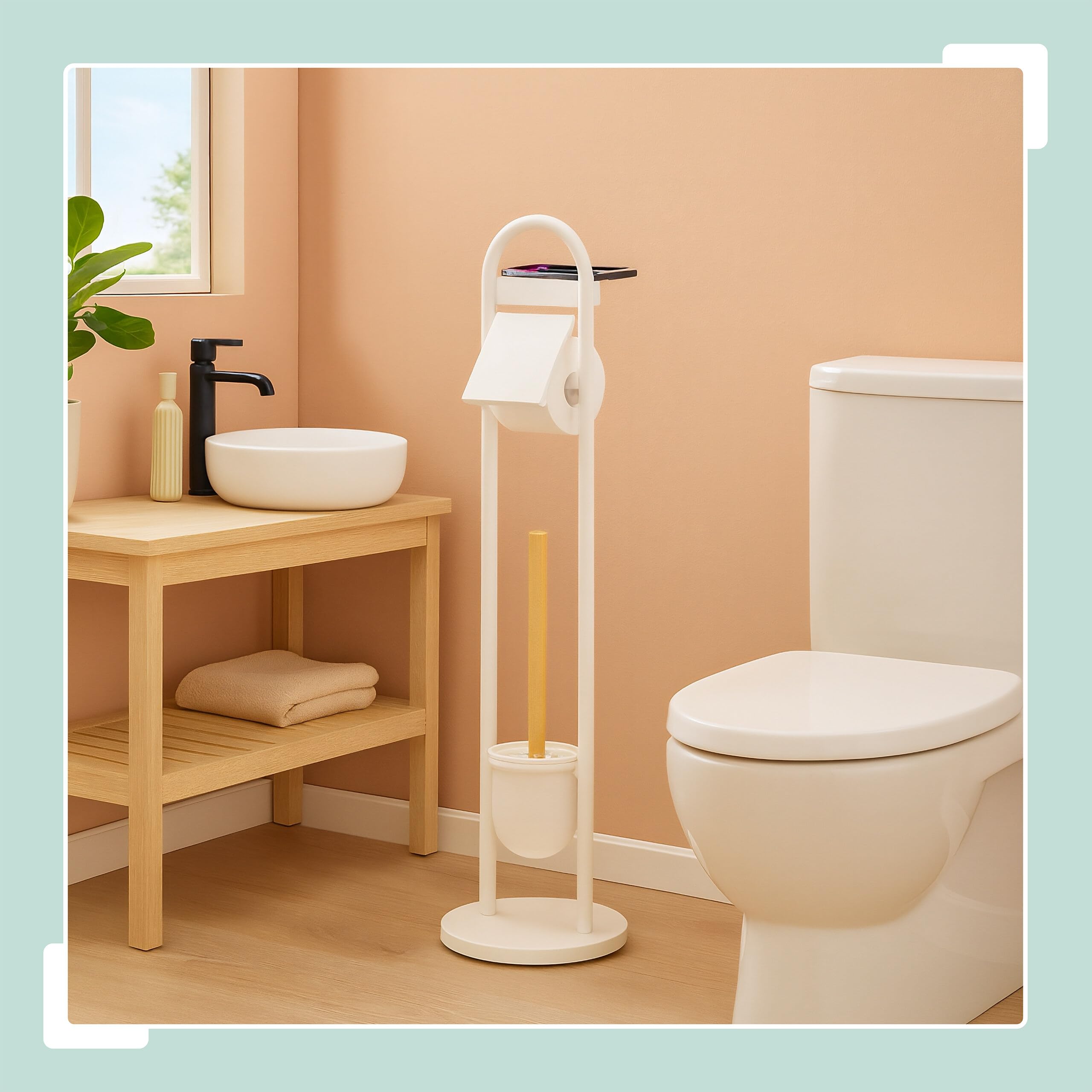 Relaxdays Juego de baño, 79 x 21,5 x 21,5 cm, Soporte de Papel higiénico con repisa y Cepillo, Blanco/Natural, 50% Hierro, 79 x 21.5 x 21.5 cm