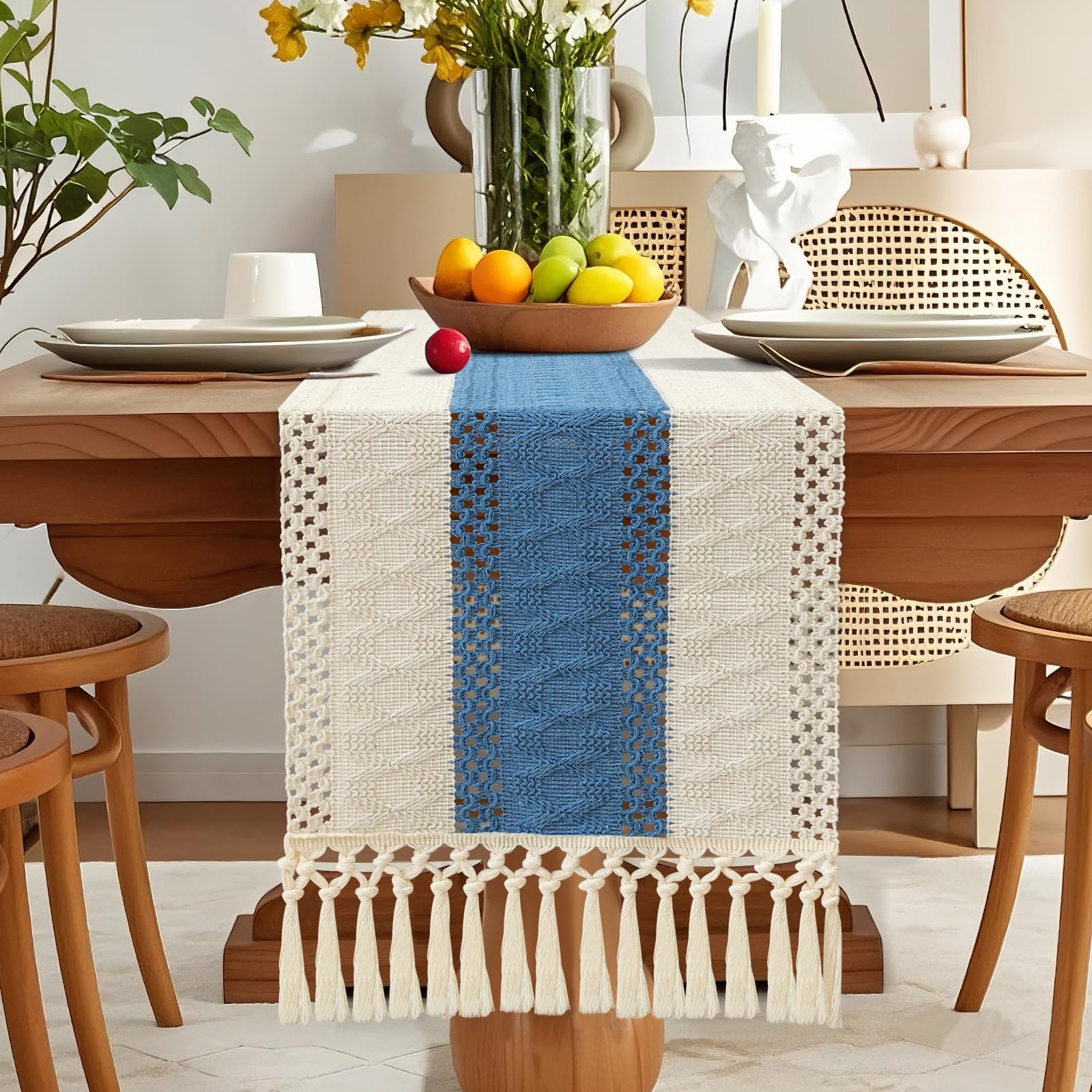 OTOSTAR Boho Table Runner 12x60 Inch Macrame Table Runners with Tassels 60 Inches Long Rustic Farmhouse Table Runner for Living Room Kitchen Dining