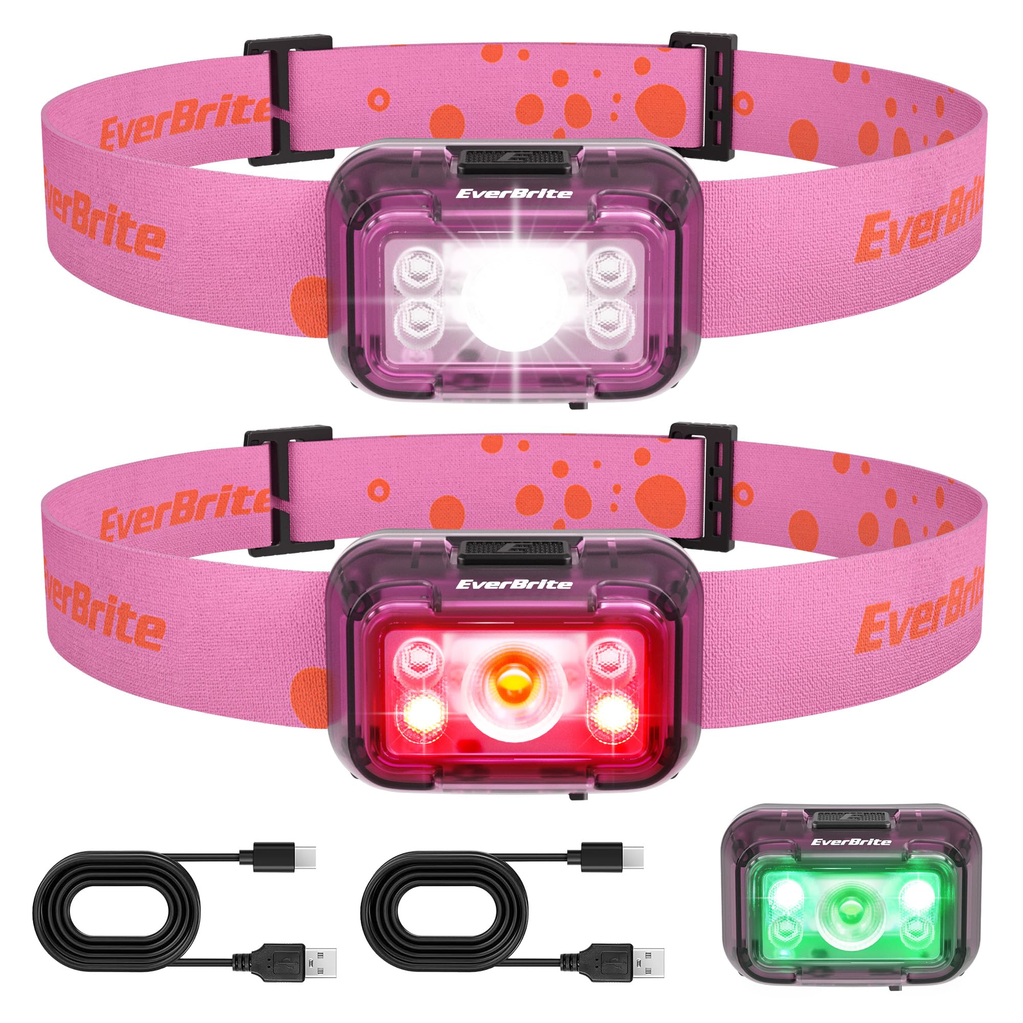 EverBrite Rechargeable Headlamp, 2 Pack Kids Headlamp with White/Red/Green Light and Memory Function, Head Lamp for Adult and Kid with 5 Modes, 120°