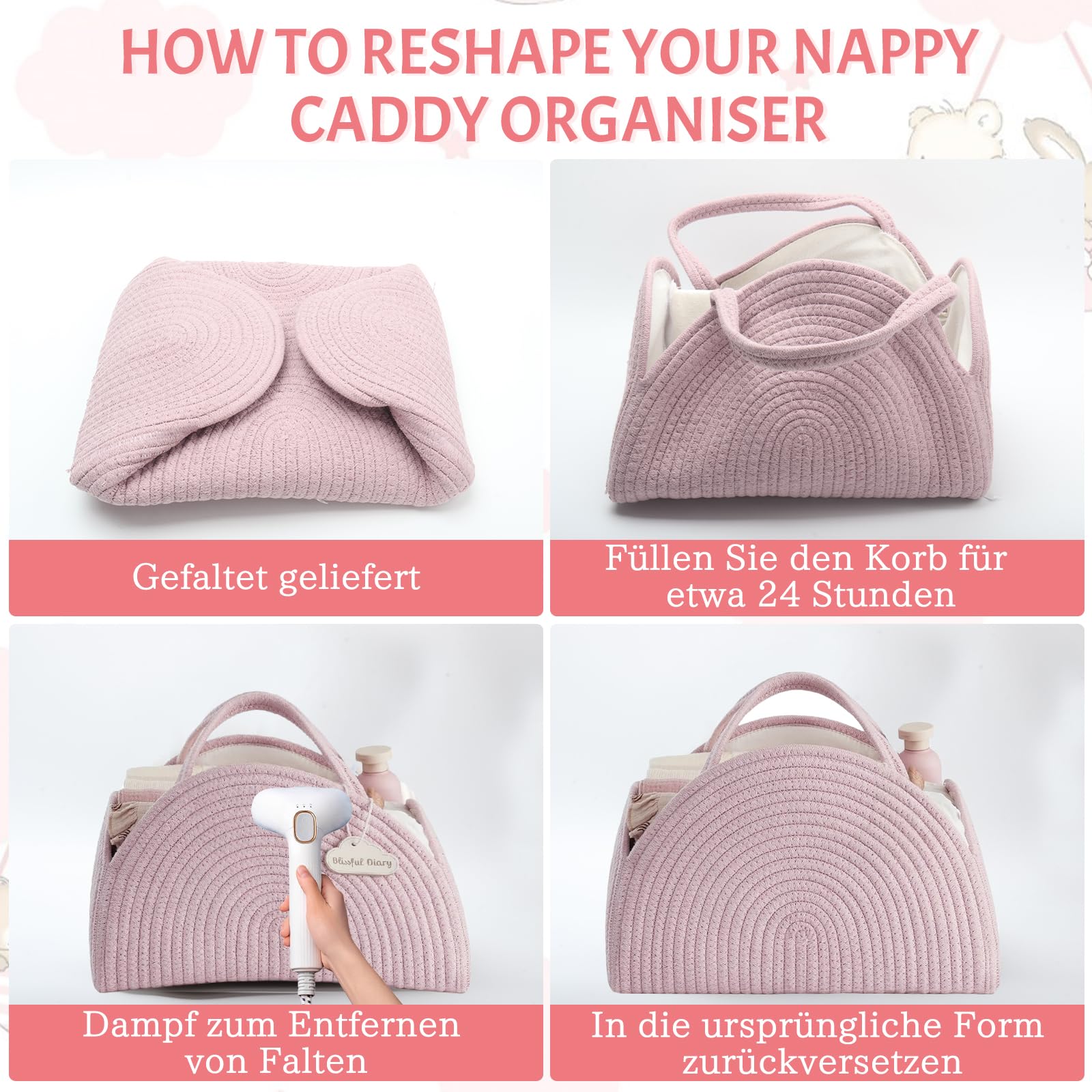 Organizer per pannolini, cestino per pannolini per bambini, cestino portatile per il fasciatoio, organizer con scomparti e maniglie, cestino in corda di cotone per baby shower (rosa)
