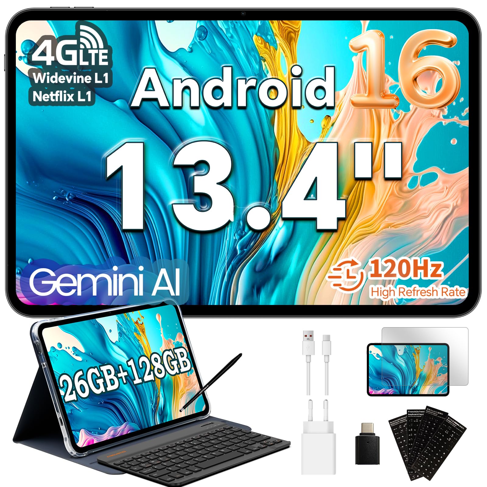 TECLAST T65 Tablet 13.4 Pollici 120Hz Display Tablet Android 16, Doppio SIM 4G LTE+5G WiFi, 2.2GHz Octa-Core, 26GB RAM+128GB ROM(TF 4TB) Widevine L1 1080P/13MP/BT5/GPS/OTG, con Tastiera+Custodia+Penna