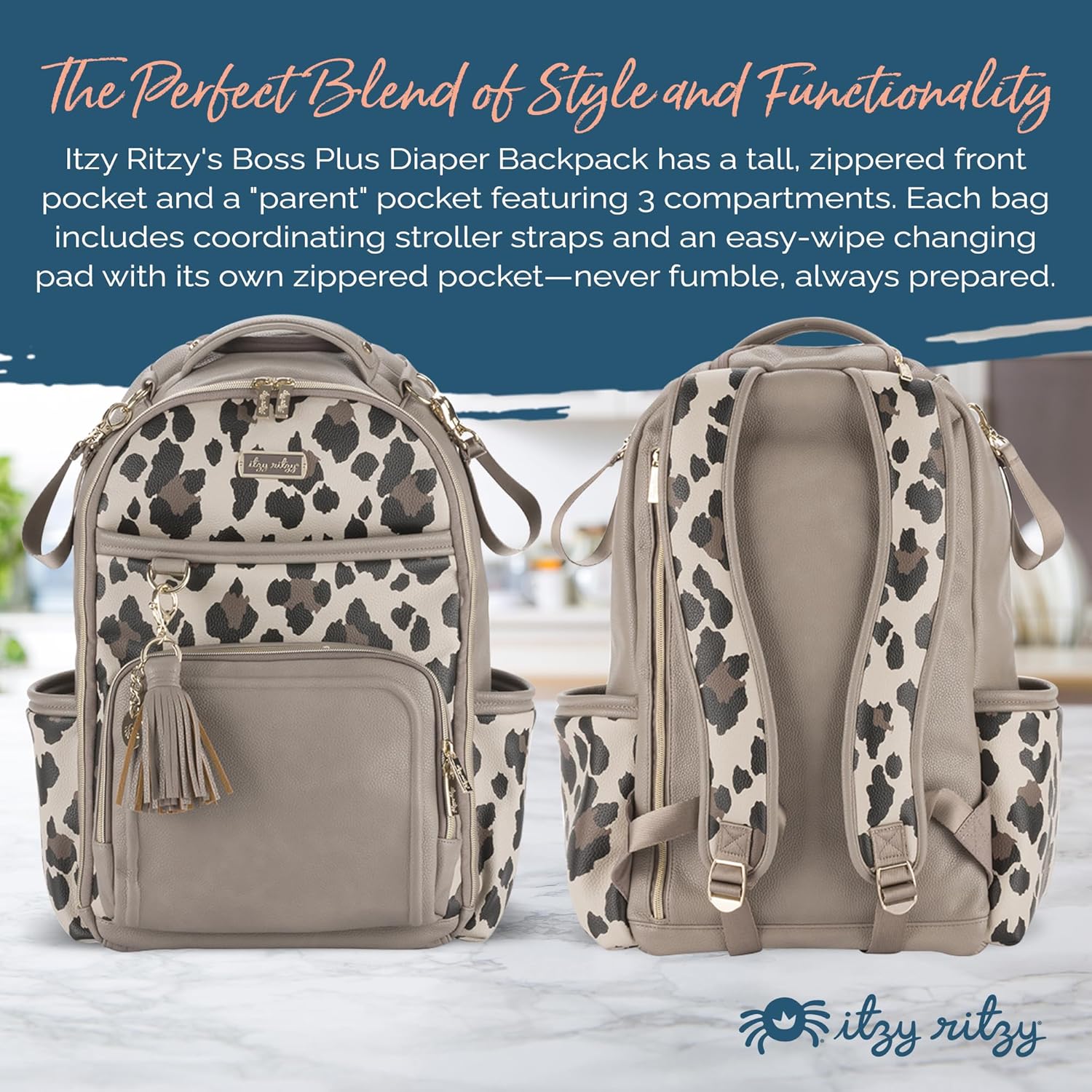 Itzy Ritzy Diaper Bag Backpack – Large Capacity Boss Plus Baby Backpack Diaper Bag Featuring 19 Pockets, Changing Pad, Stroller Clips, and Comfortable Straps (Leopard) - Image 3