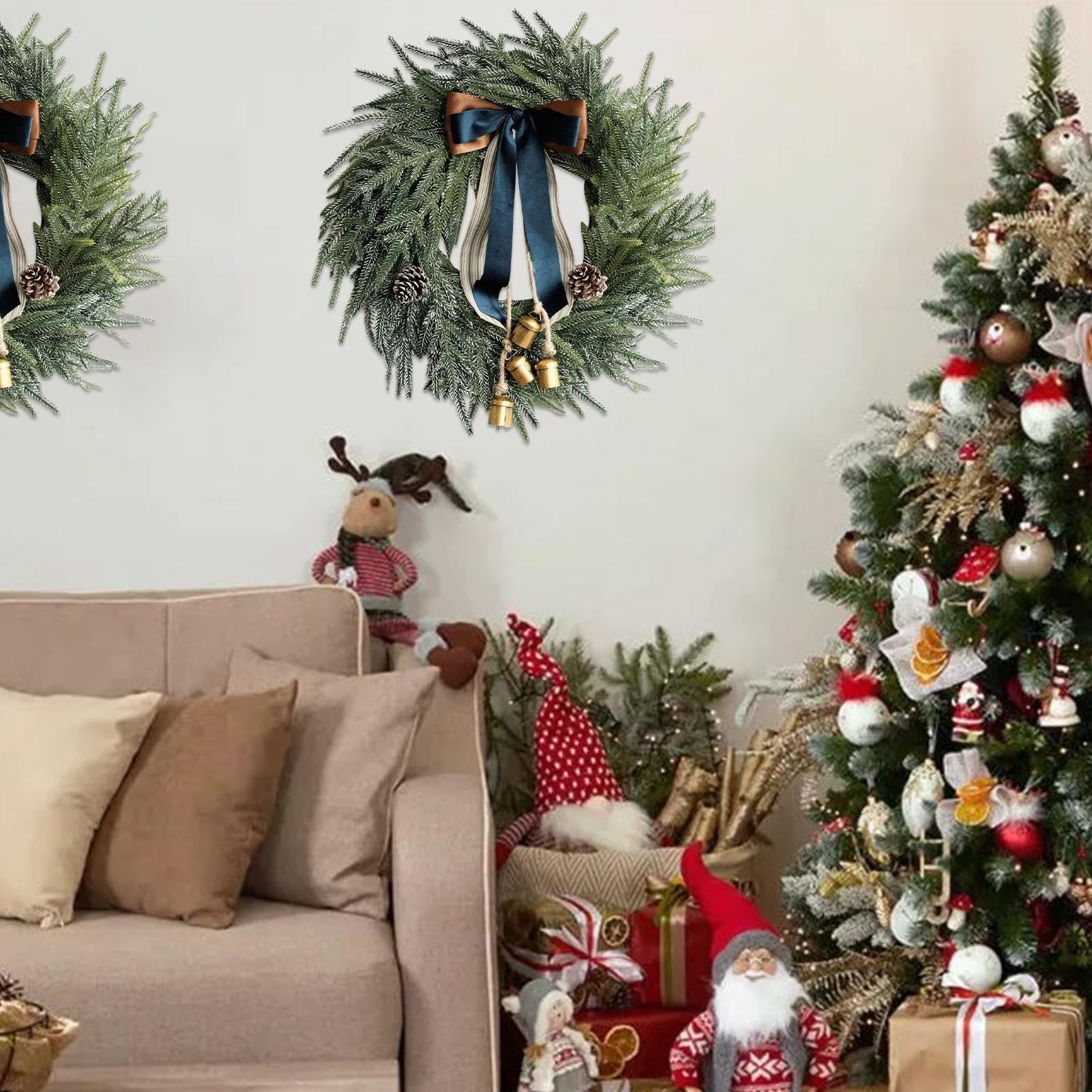 Künstlicher Kiefernkranz, Weihnachtsgirlande, Dekoration, Outdoor-Urlaubsdekoration, dekorativer Glockenkranz mit Schleifenband, Weihnachtsdekoration, Girlanden für Kinder, Erwachsene, Familie